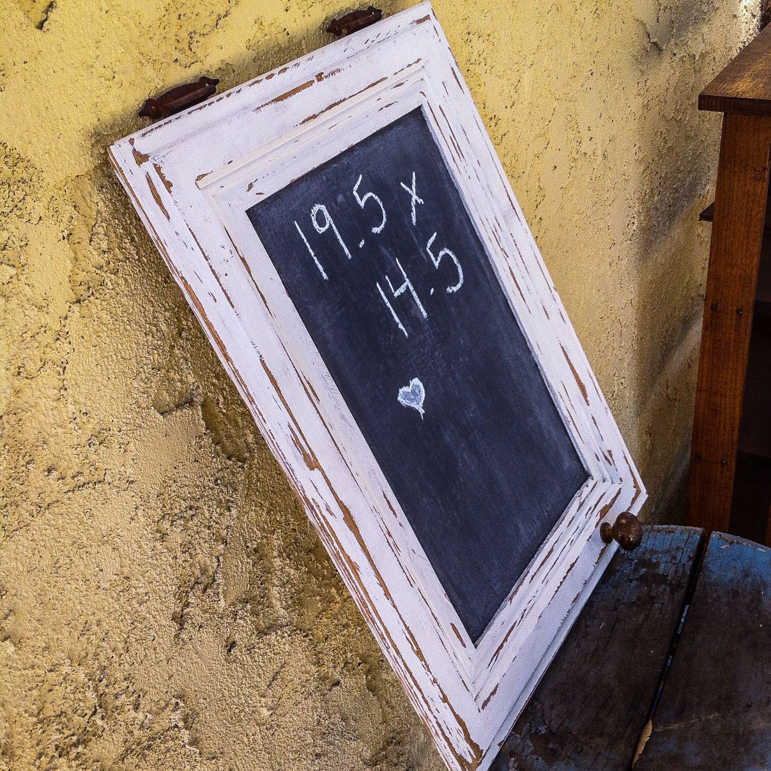 SOLD - Shabby Chic Chalkboard, distressed white with rusted hinges ...