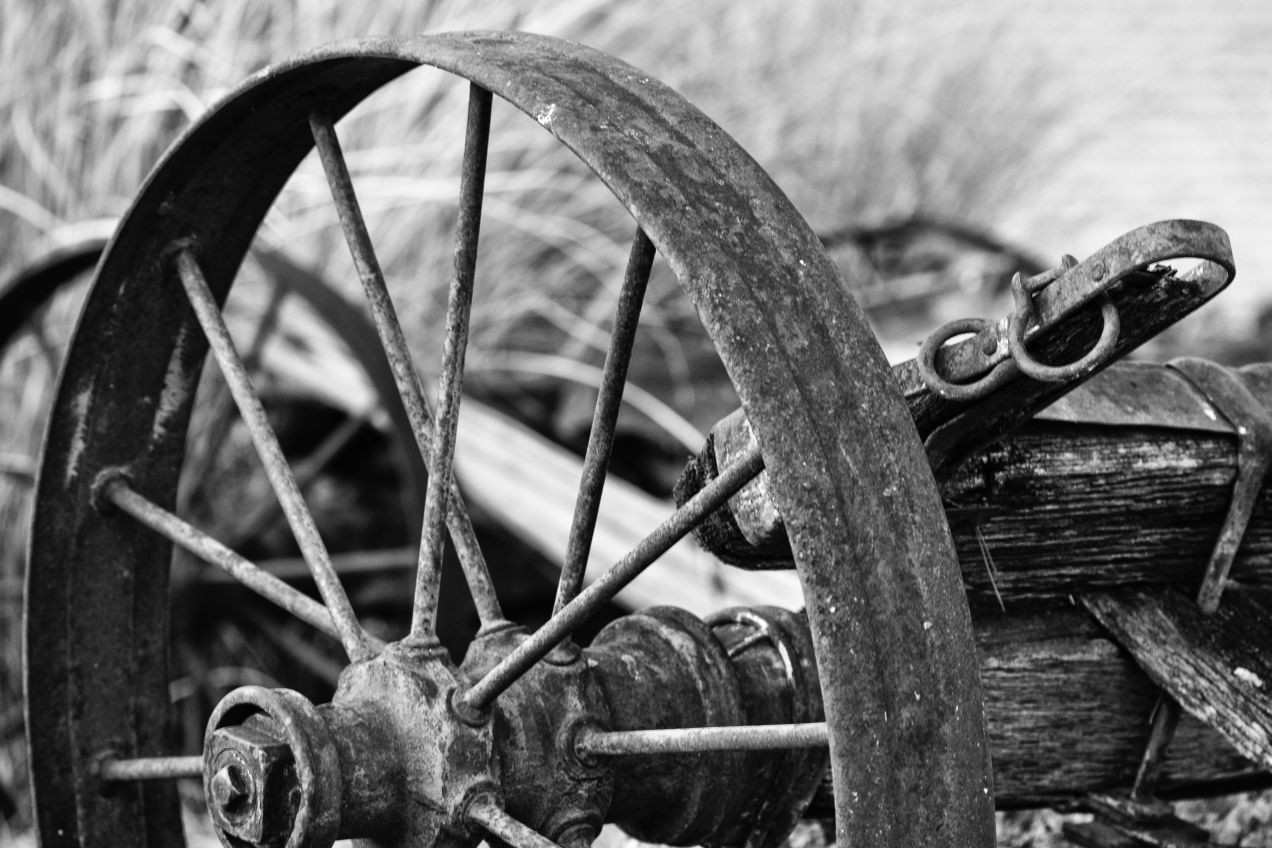 Rusted wheel grayscale photo
