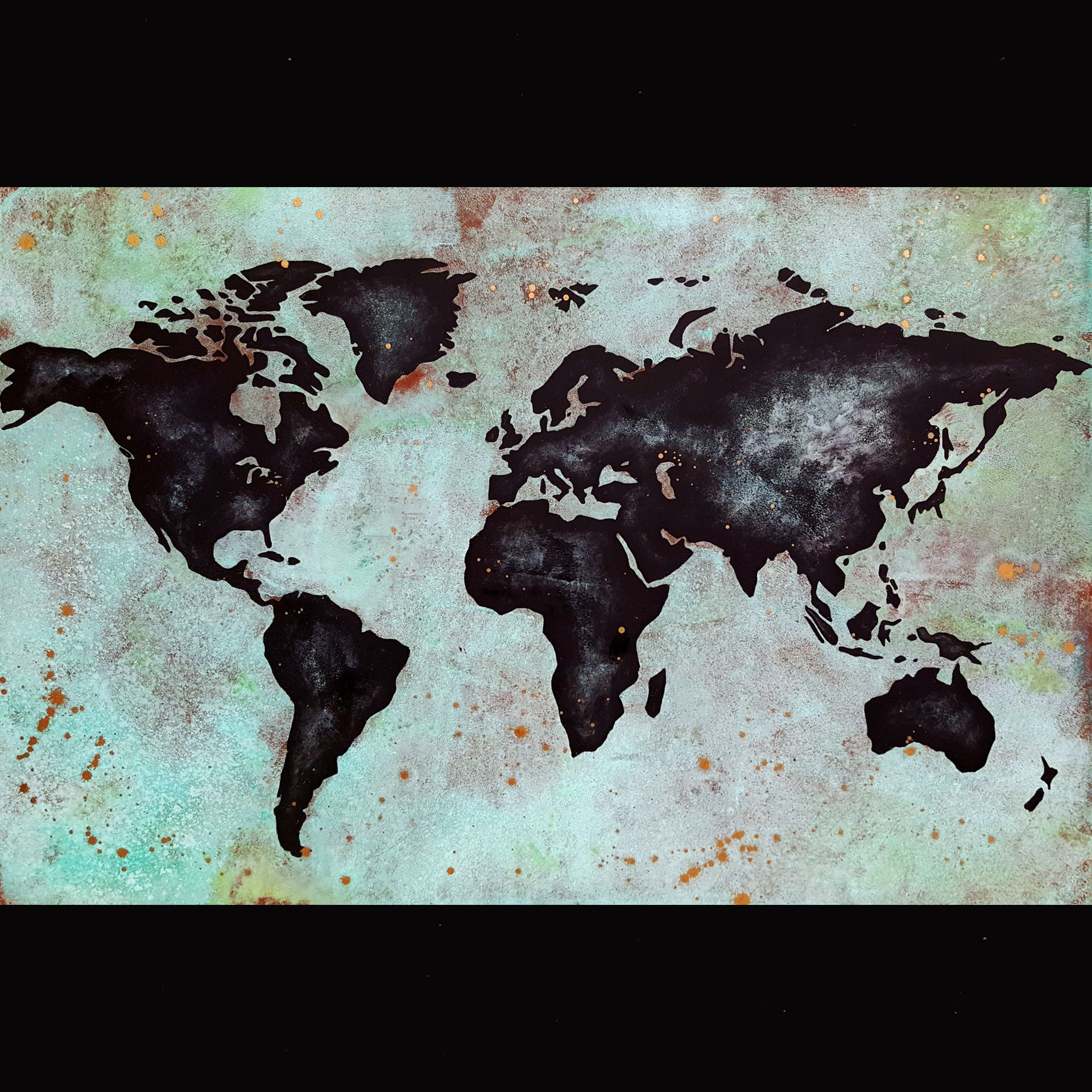 Rusty World Map I Size: 24x36 Created with brass, patina and acrylic ...