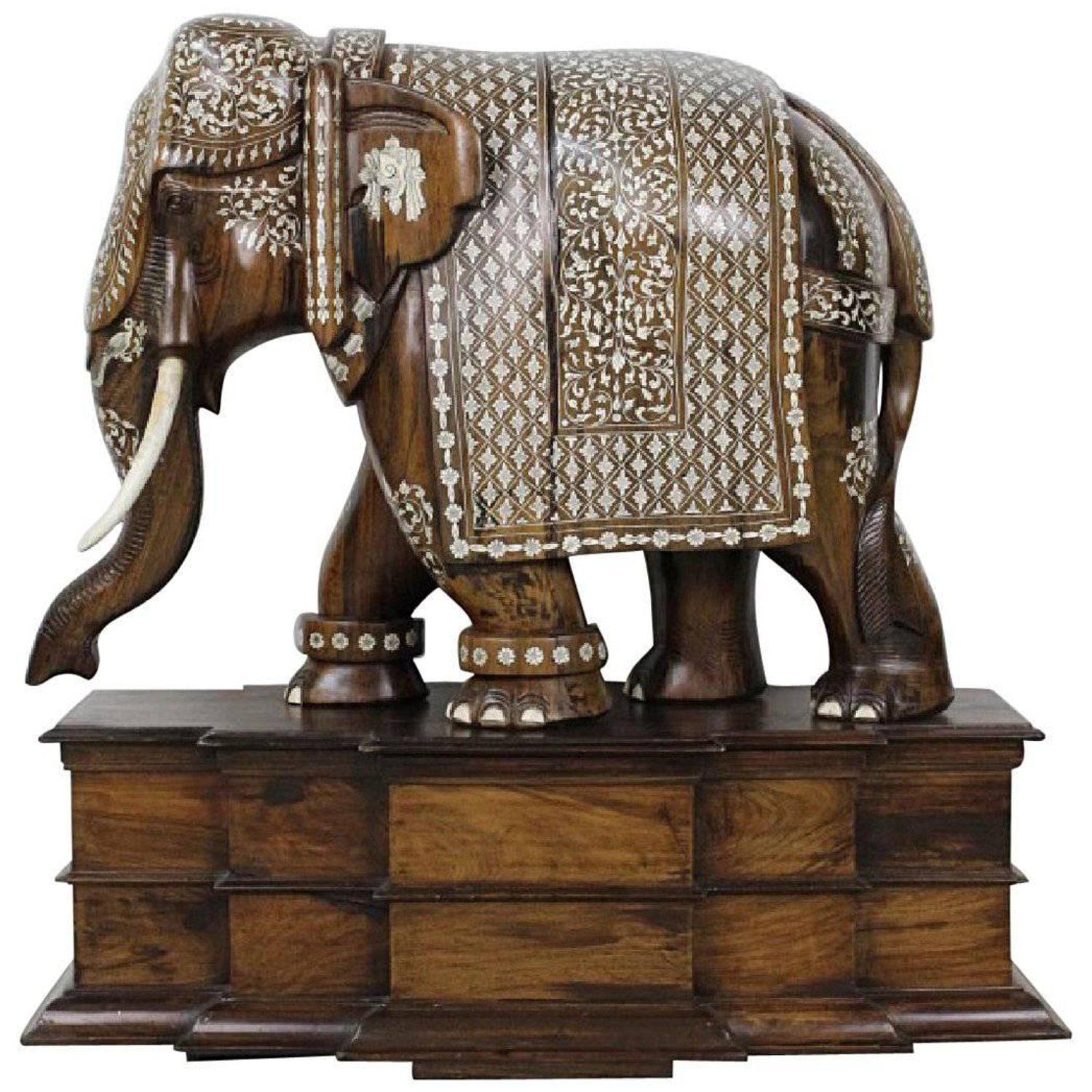 Anglo-Indian Huge Wood Bone Ornate Elephant Sculpture Statue ...