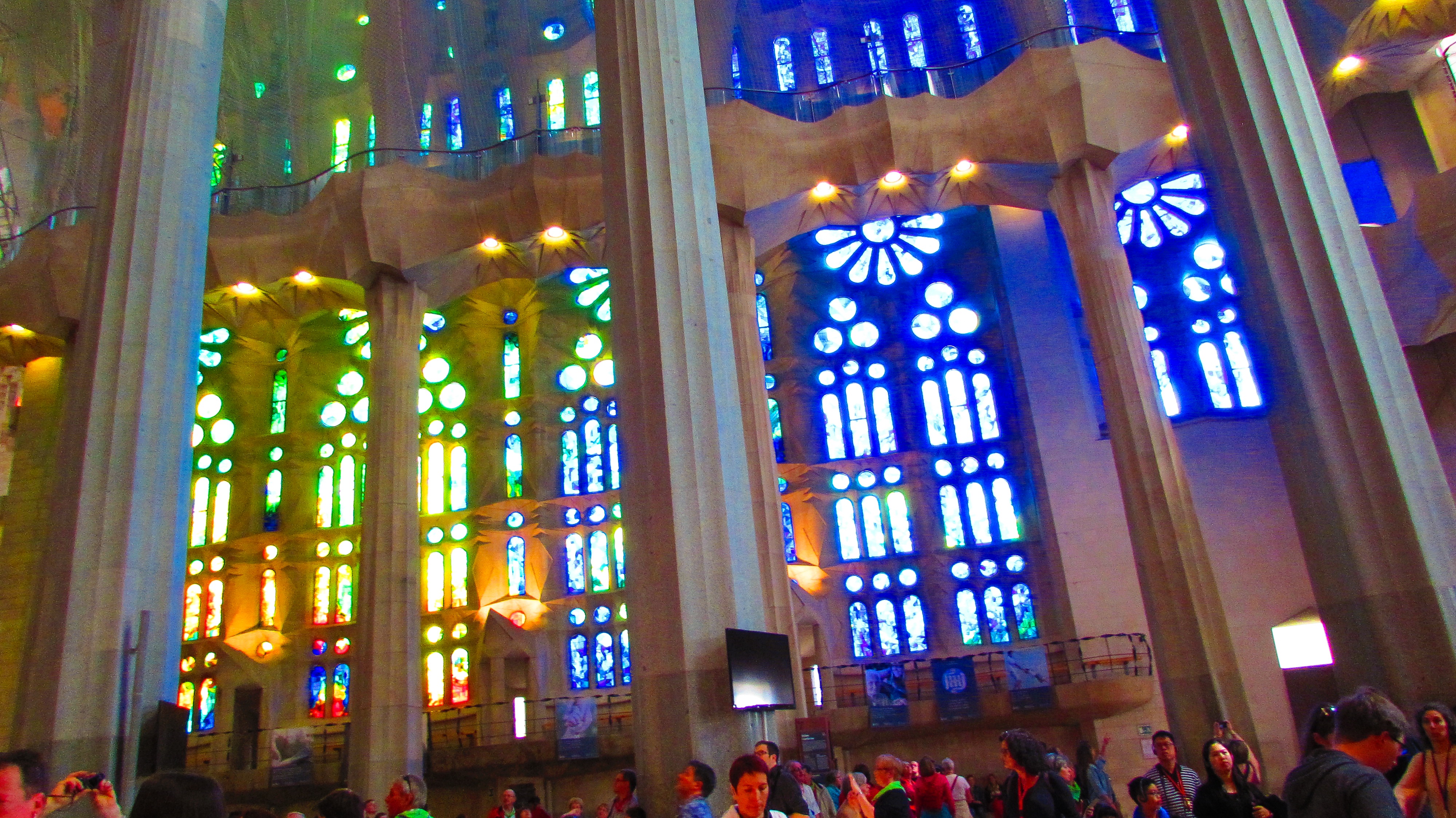 Blue stained glass windows inside La Sagrada Familia Barcelona ...