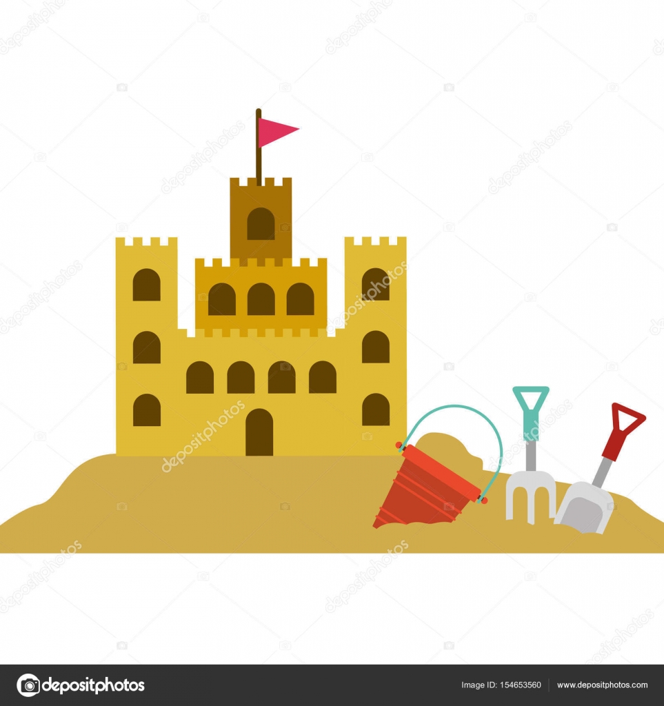 color silhouette with sand castle and set tools for playing in sand ...