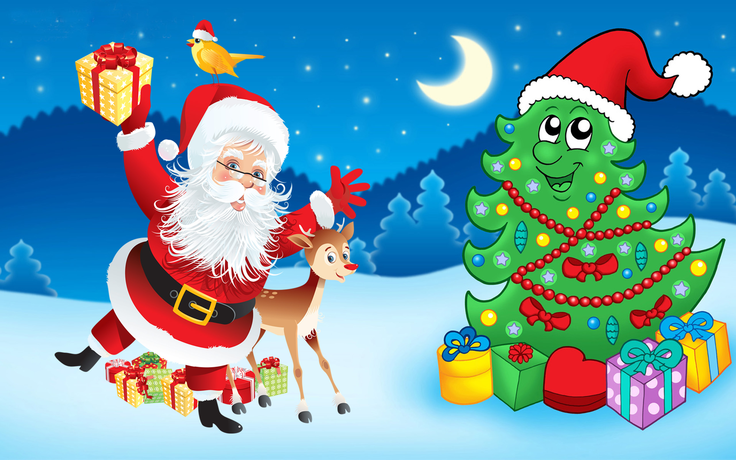 Santa Claus-Christmas tree-decorations-gifts-Cartoon Christmas ...