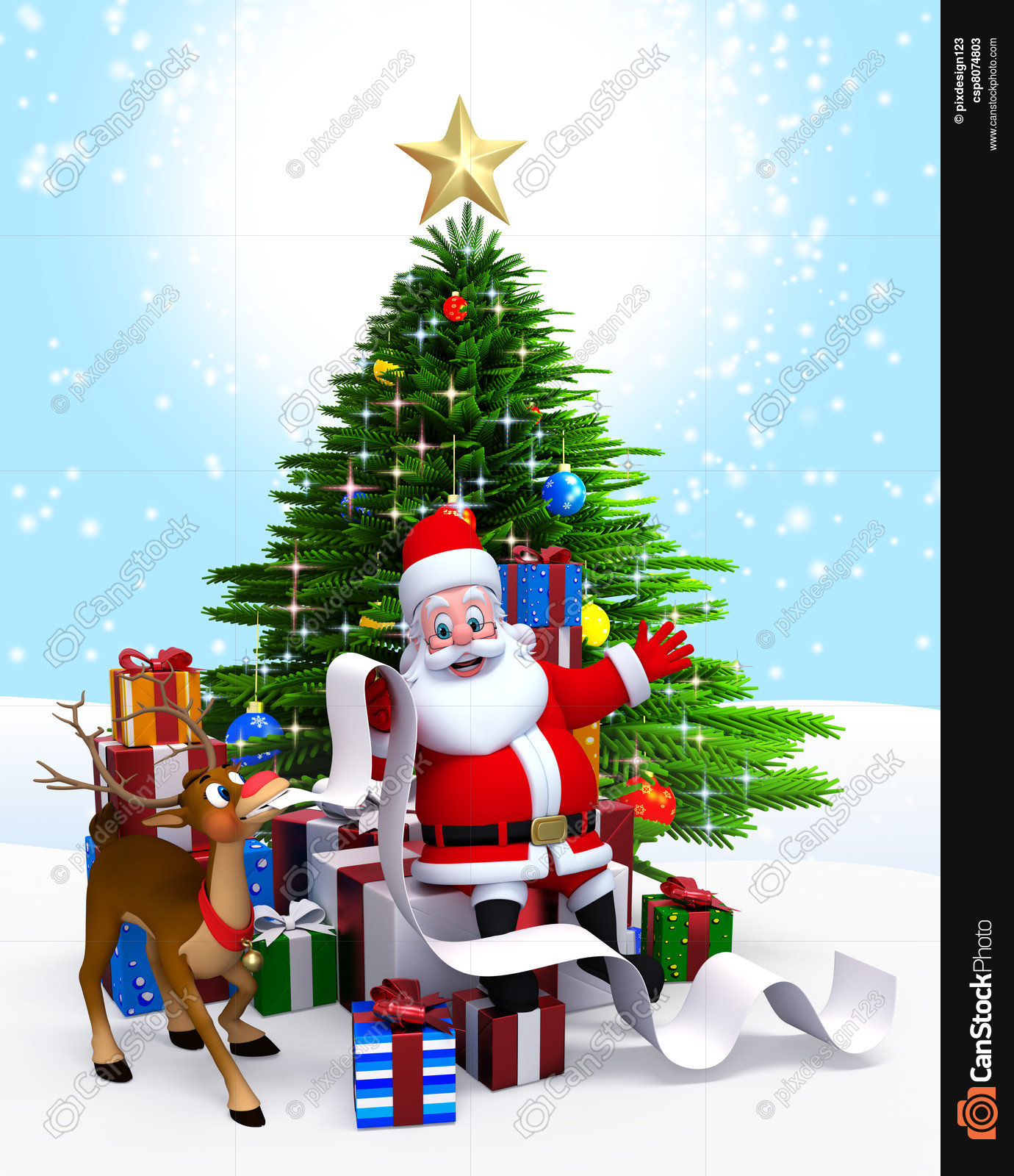 Santa & christmas tree,gift list. Santa claus sitting before ...
