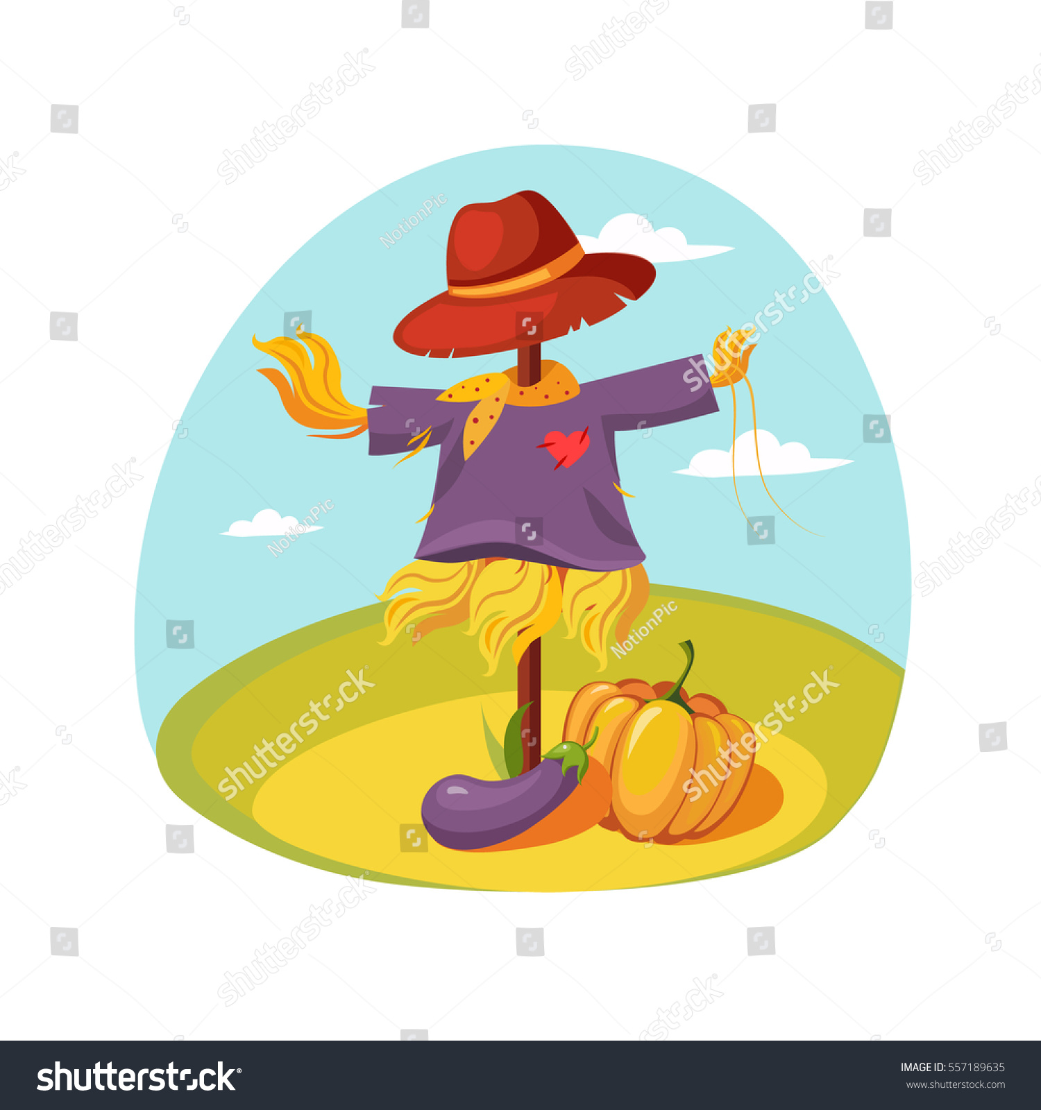 Scarecrow Clothes Standing On Field Pumpkin Stock Vector 557189635 ...