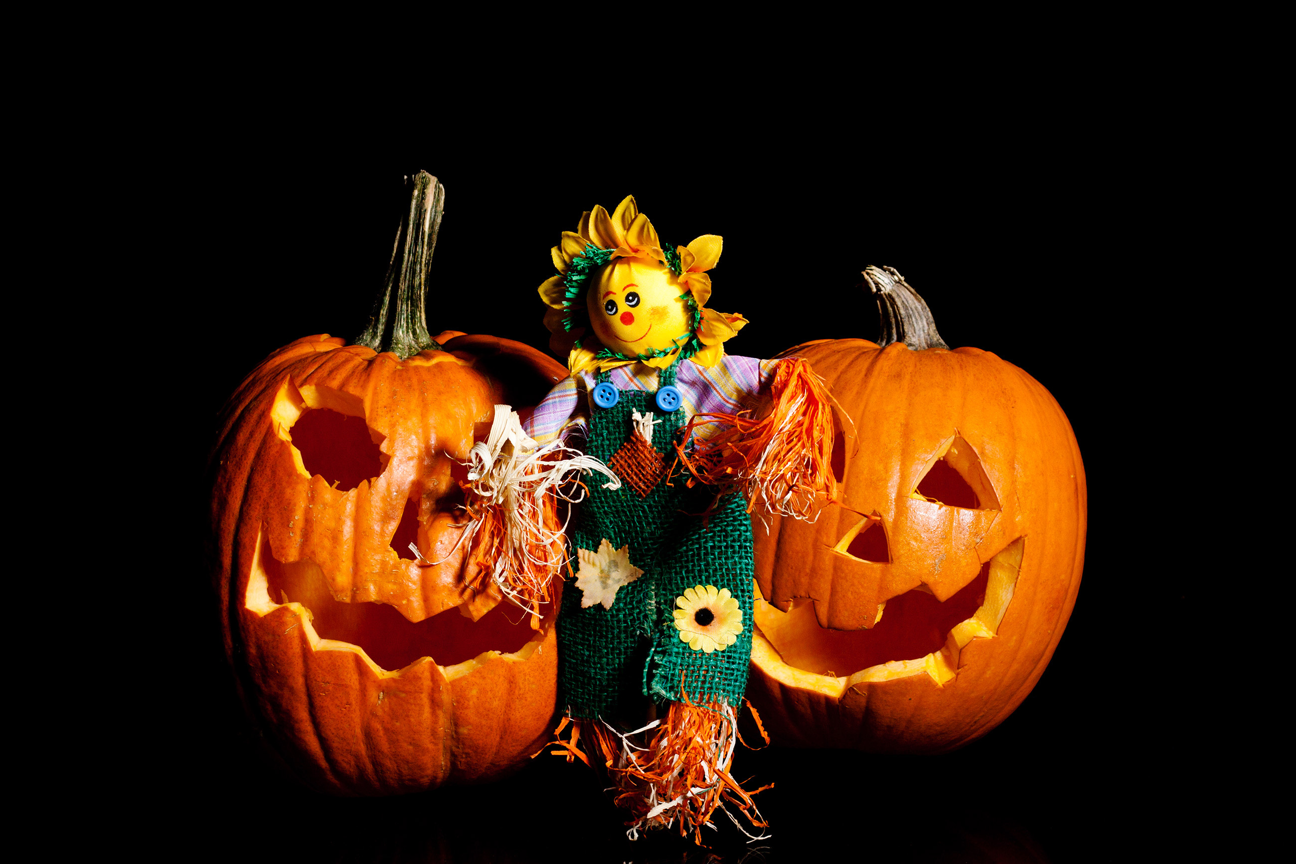Scarecrow standing with pumpkins photo