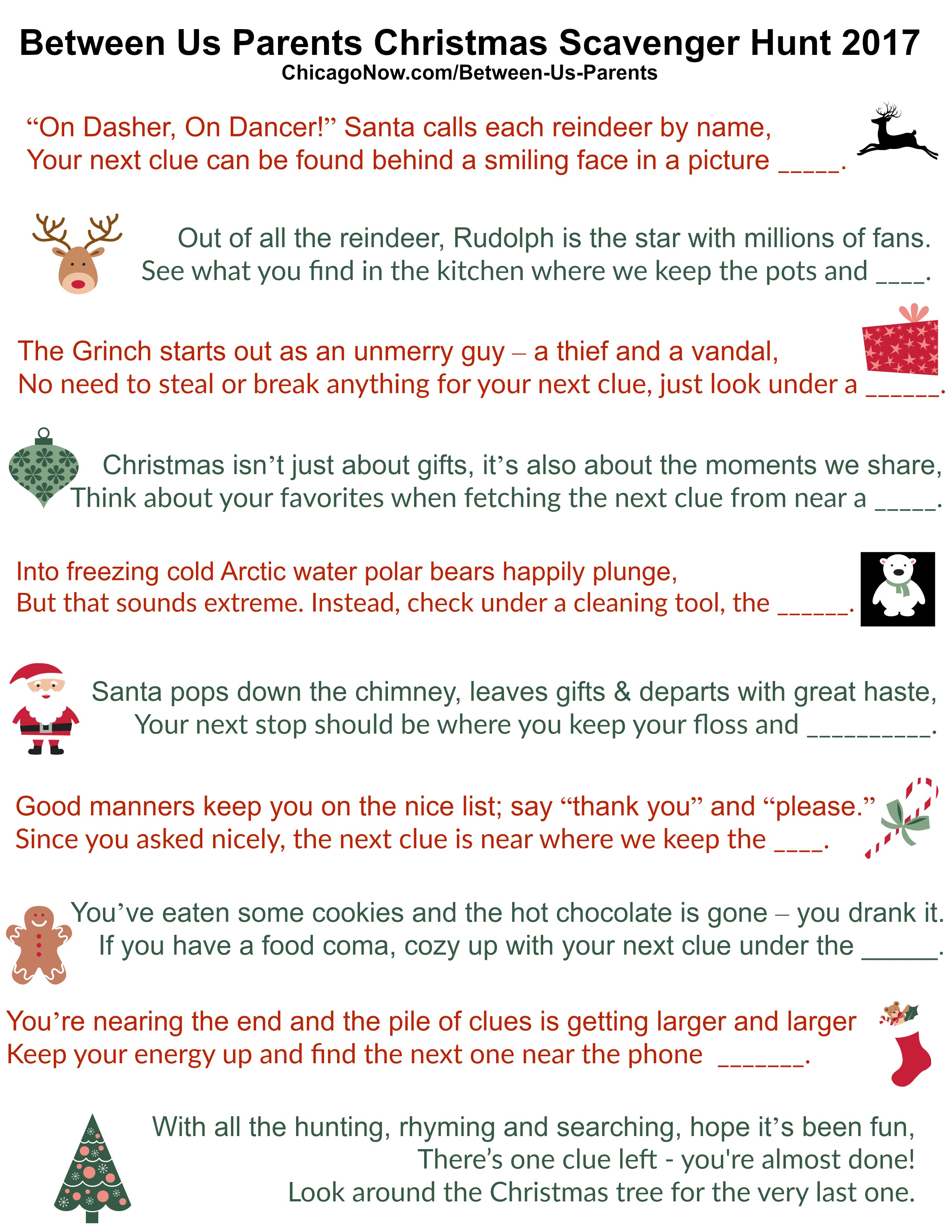 Printable Christmas scavenger hunt clues for gift-finding fun, 2017 ...
