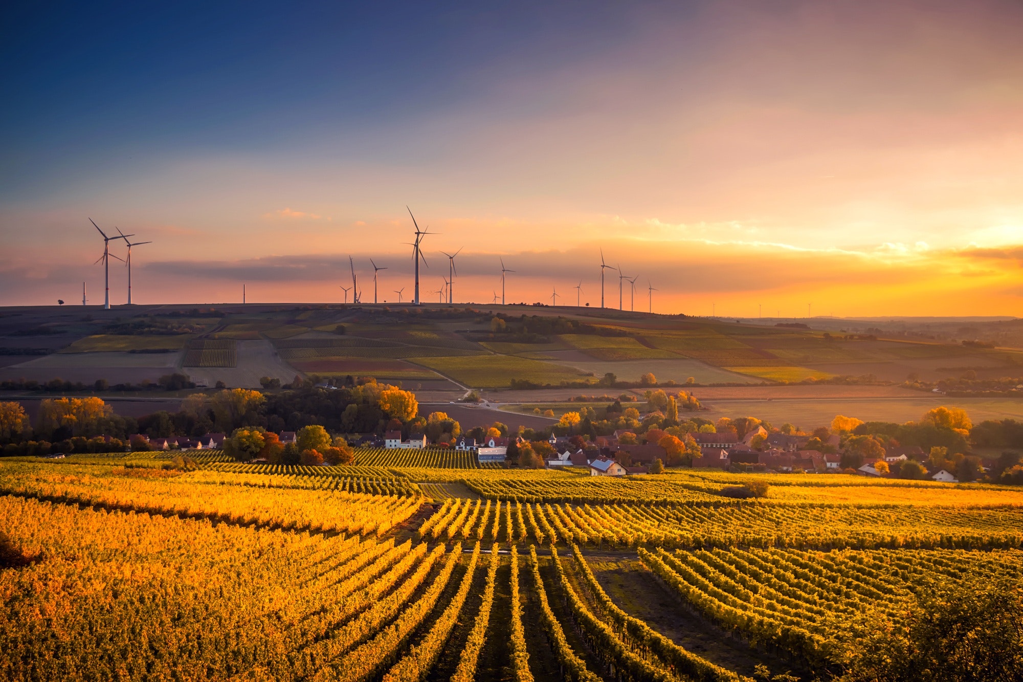 Scenic View of Agricultural Field Against Sky during Sunset, Outdoors, Wind turbines, Village, Trees, HQ Photo