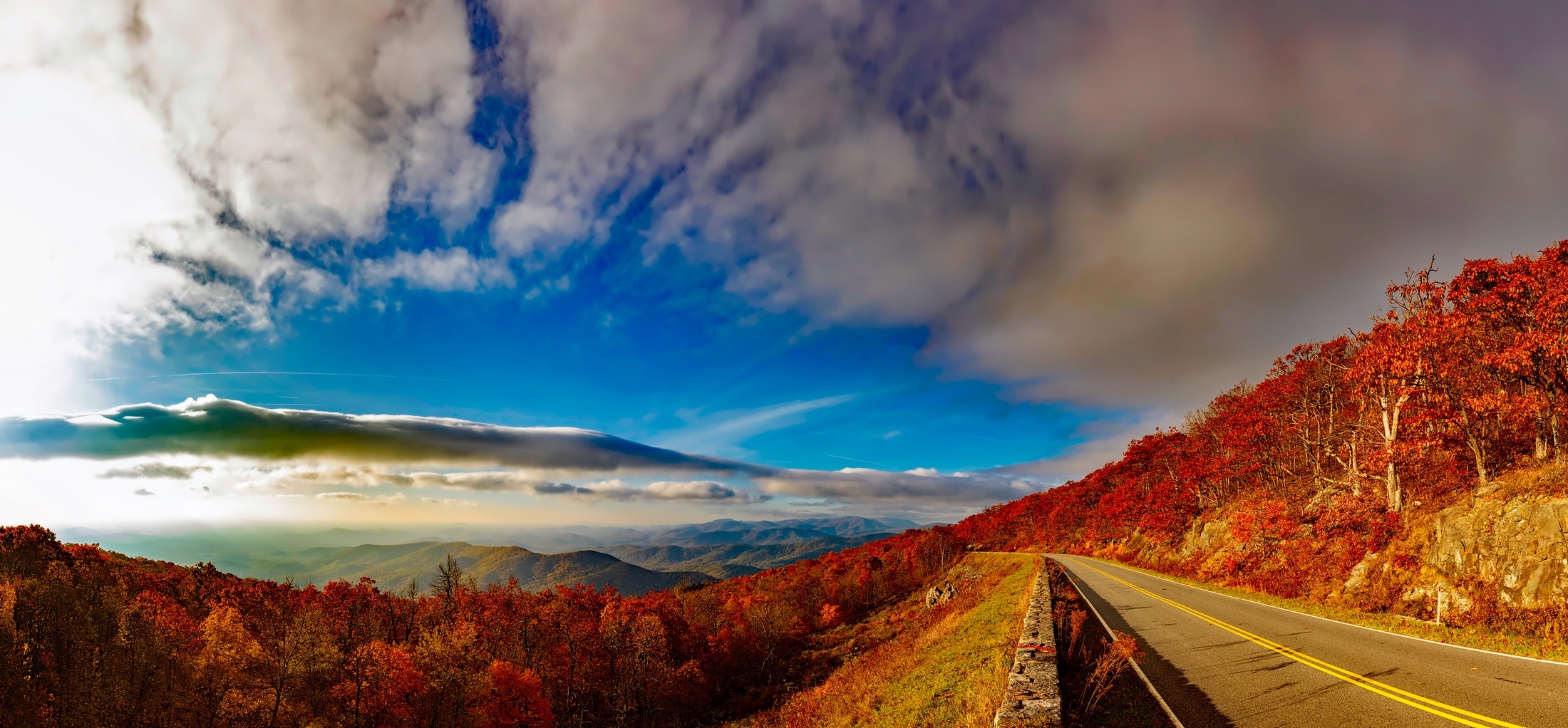 Scenic View of Mountain Road Against Cloudy Sky, Autumn, Light, Trees, Travel, HQ Photo