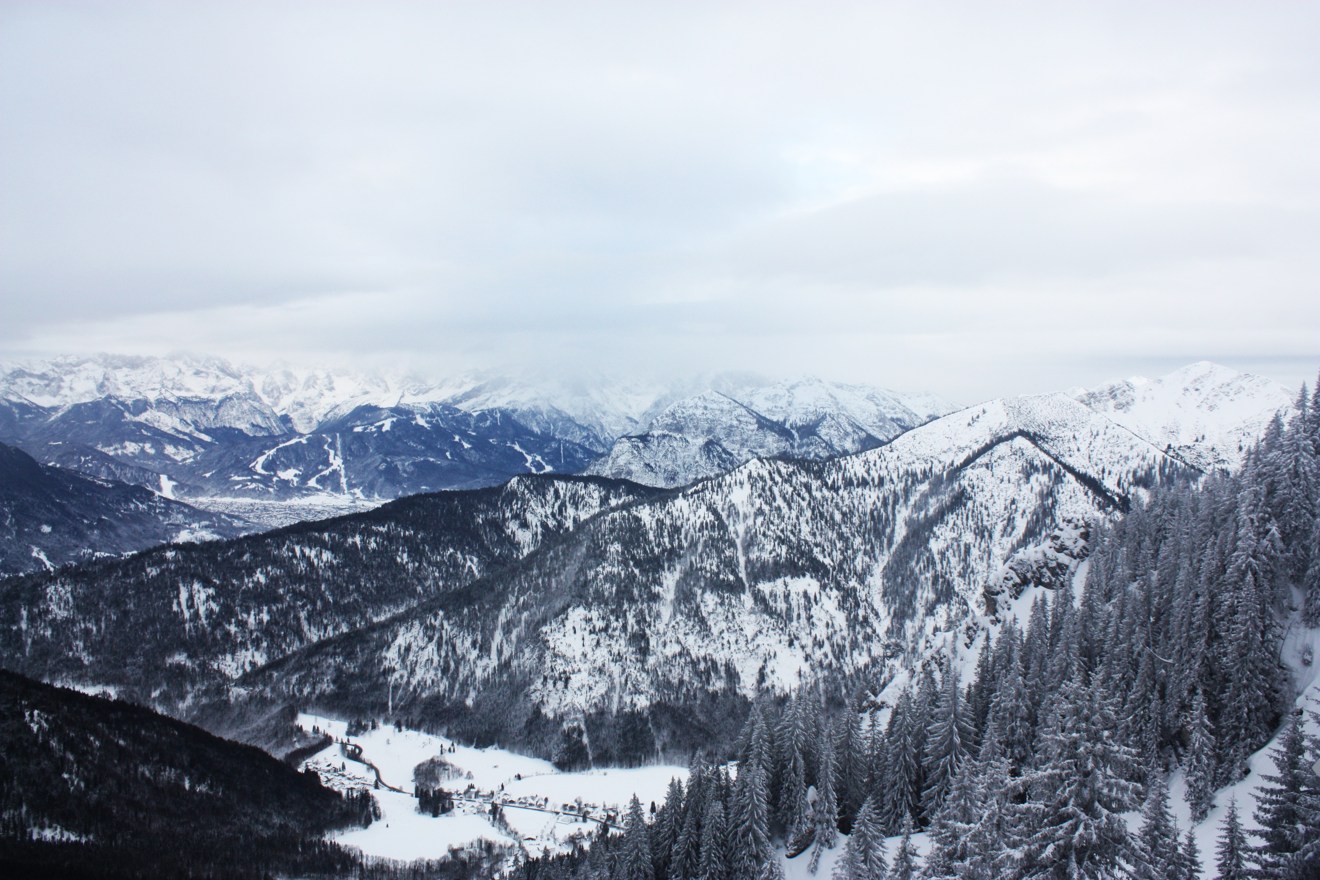 Scenic View of Mountains Covered with Snow, Alps, Murky, Winter, Trees, HQ Photo