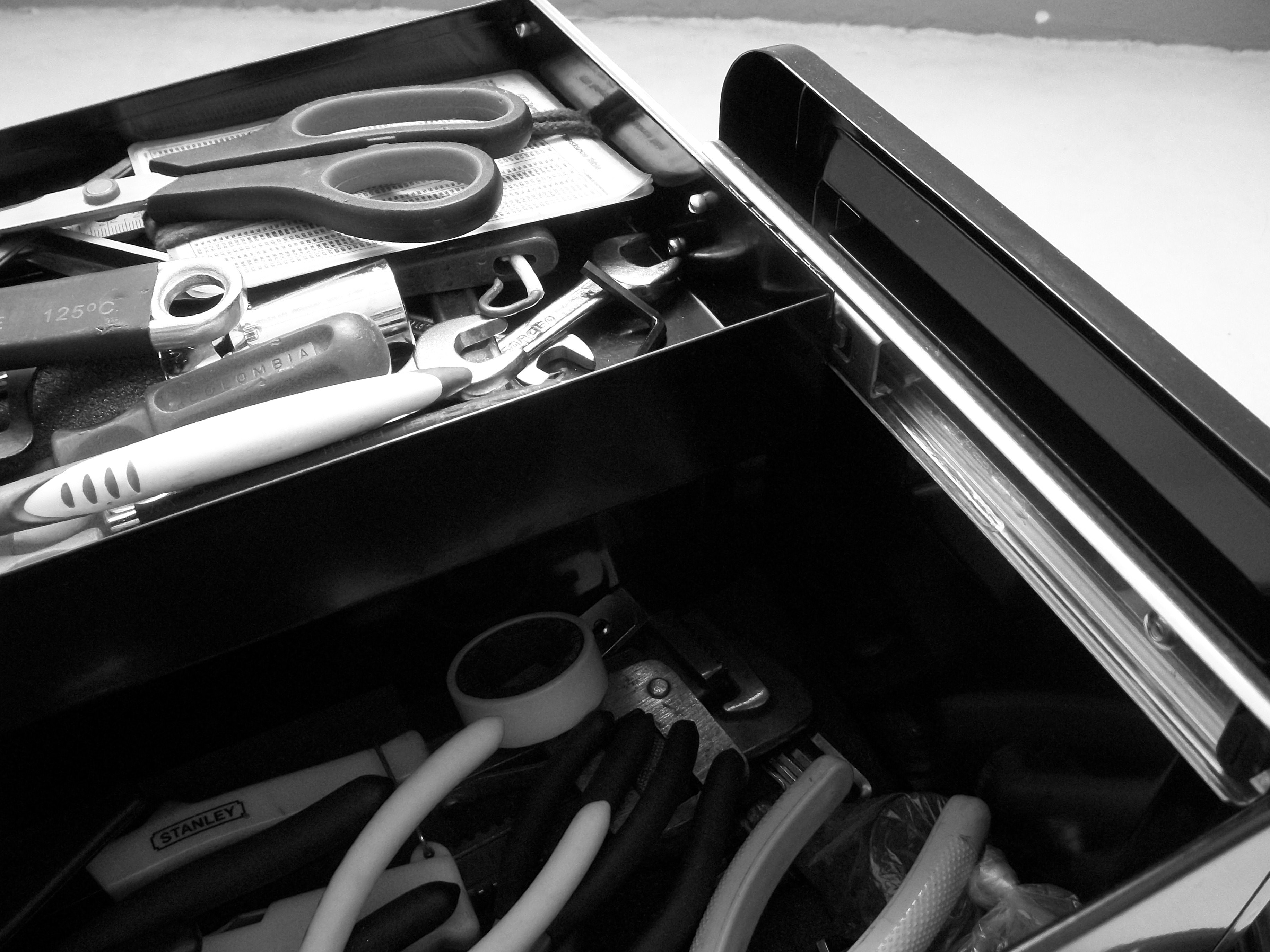 Scissors on Gray Organizer, Black-and-white, Case, Equipment, Metallic, HQ Photo