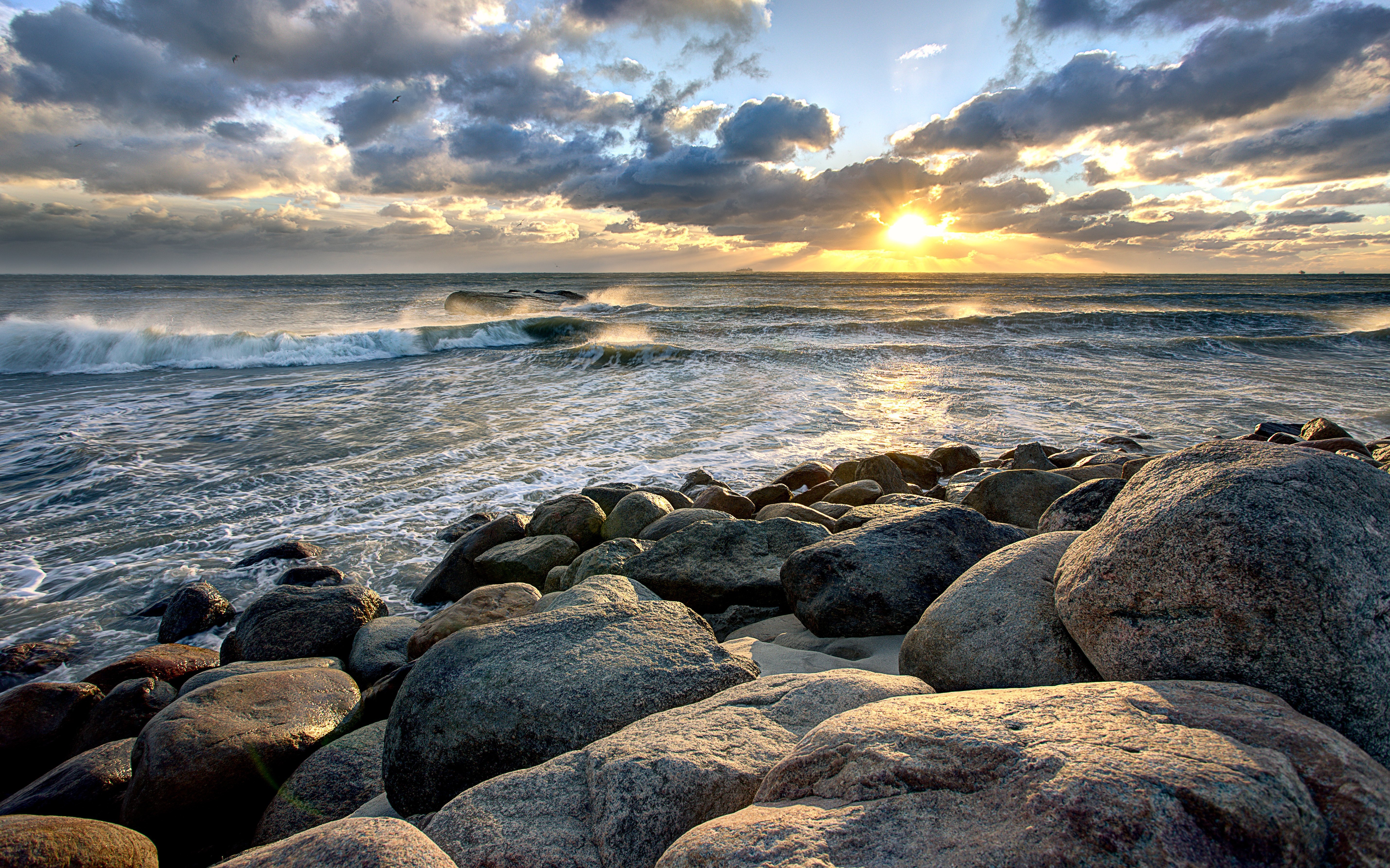 Sunset sea rocks nature waves wallpaper | 5720x3575 | 468815 ...