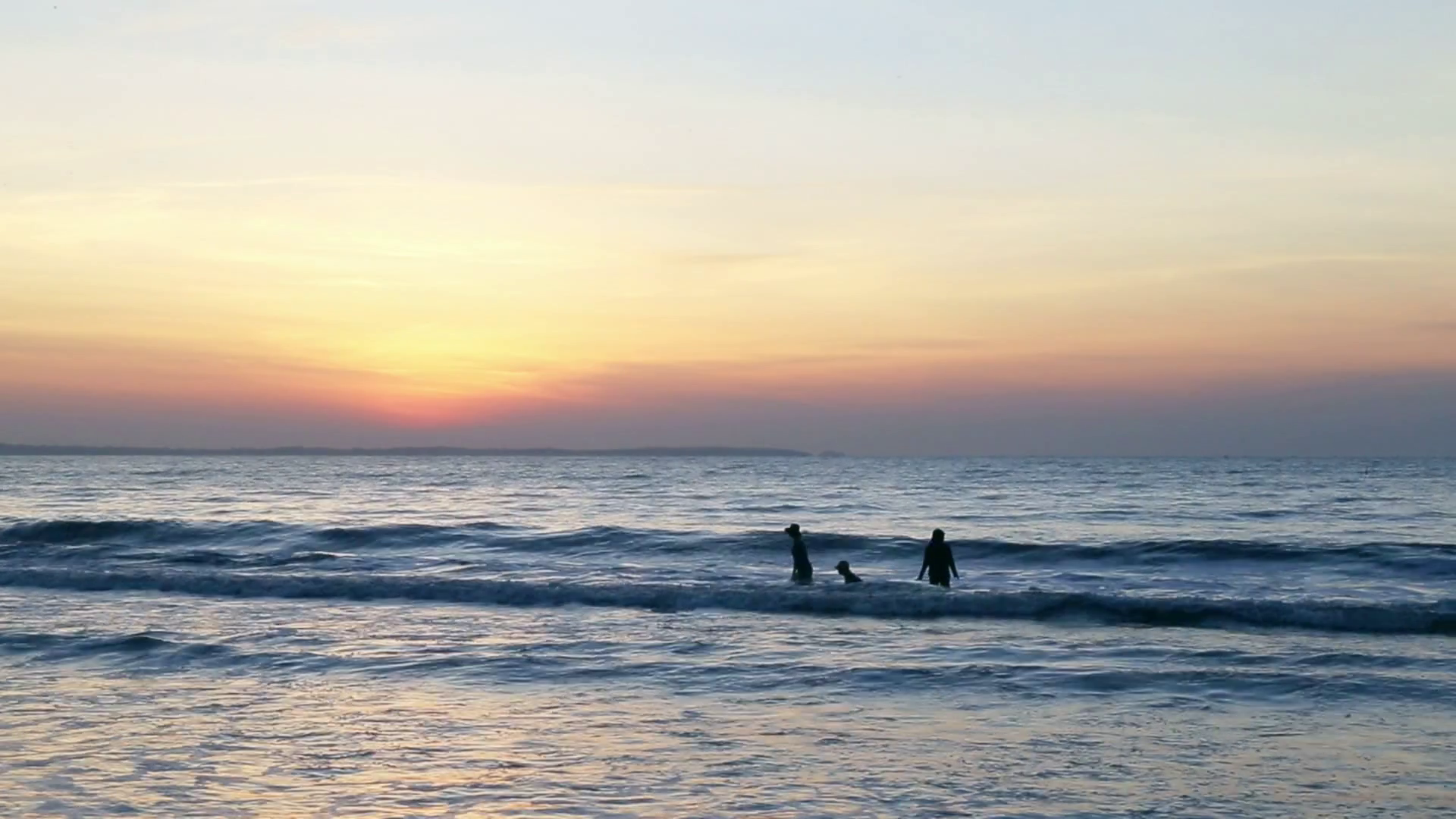 Family swim in ocean or sea. Sea scenery golden sunrise over horison ...