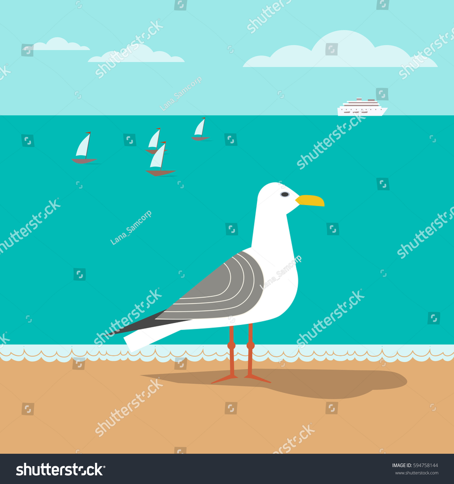Coast Poster Concept Seagull On Sandy Stock Photo (Photo, Vector ...