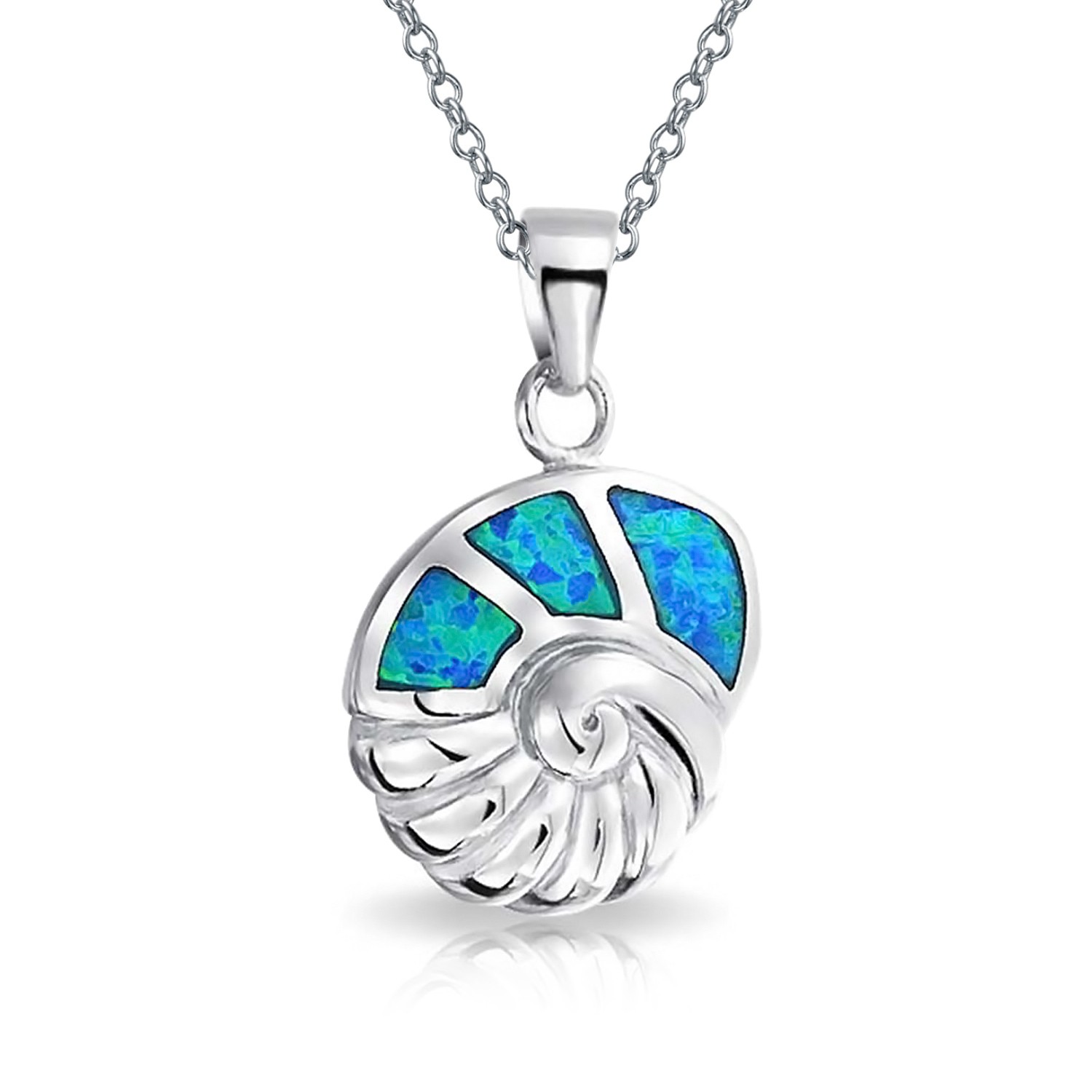 925 Silver Nautical Seashell Blue Opal Inlay Necklace 18in