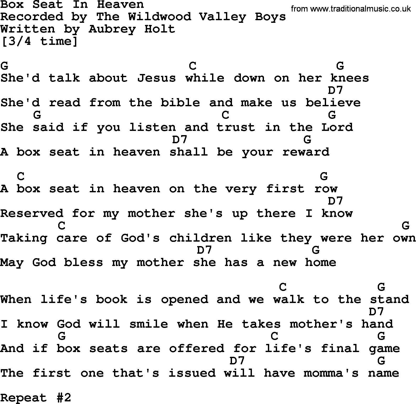 Box Seat In Heaven - Bluegrass lyrics with chords