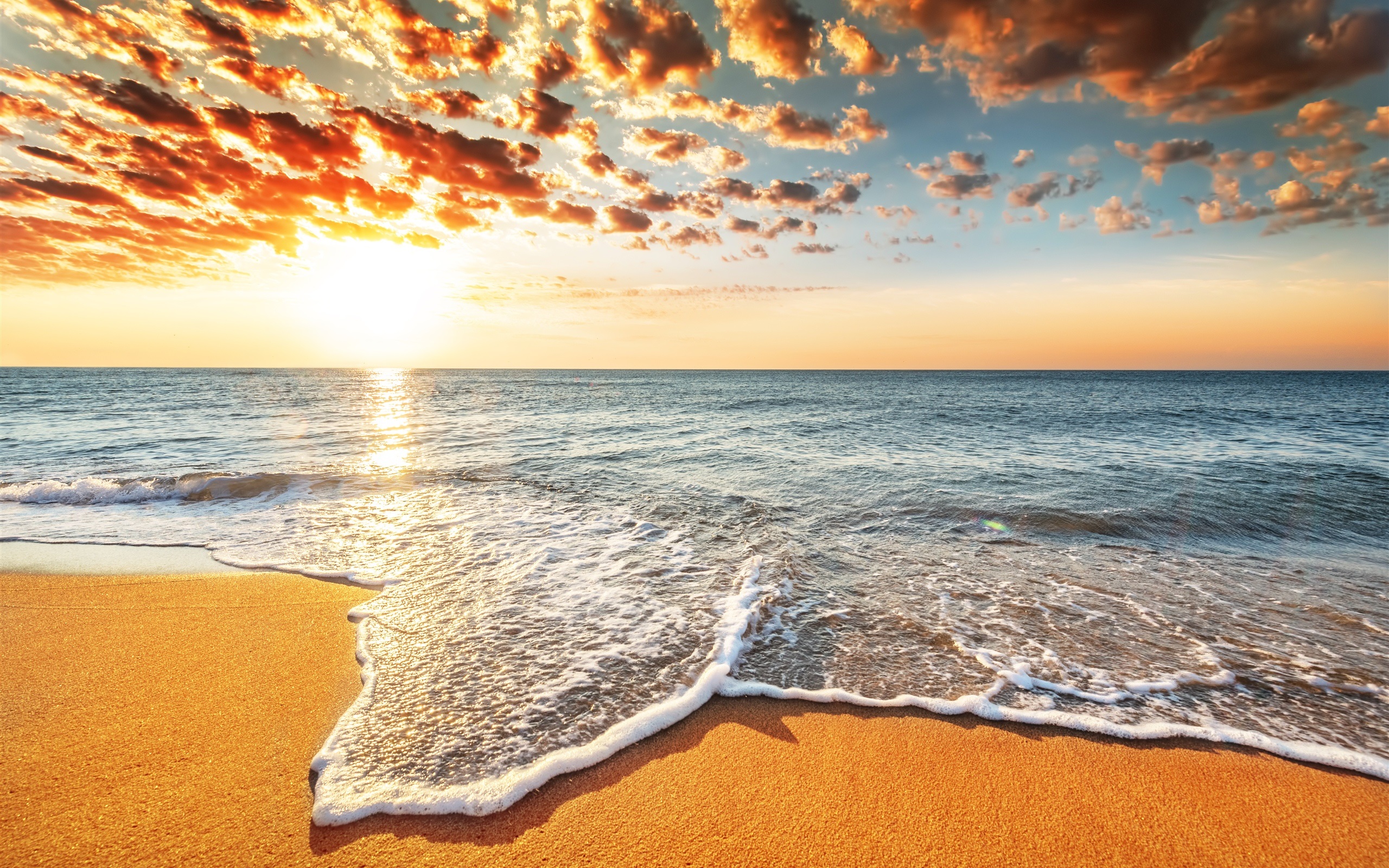 Download Wallpaper 2560x1600 Sunset beach, sands, sea, waves, clouds ...