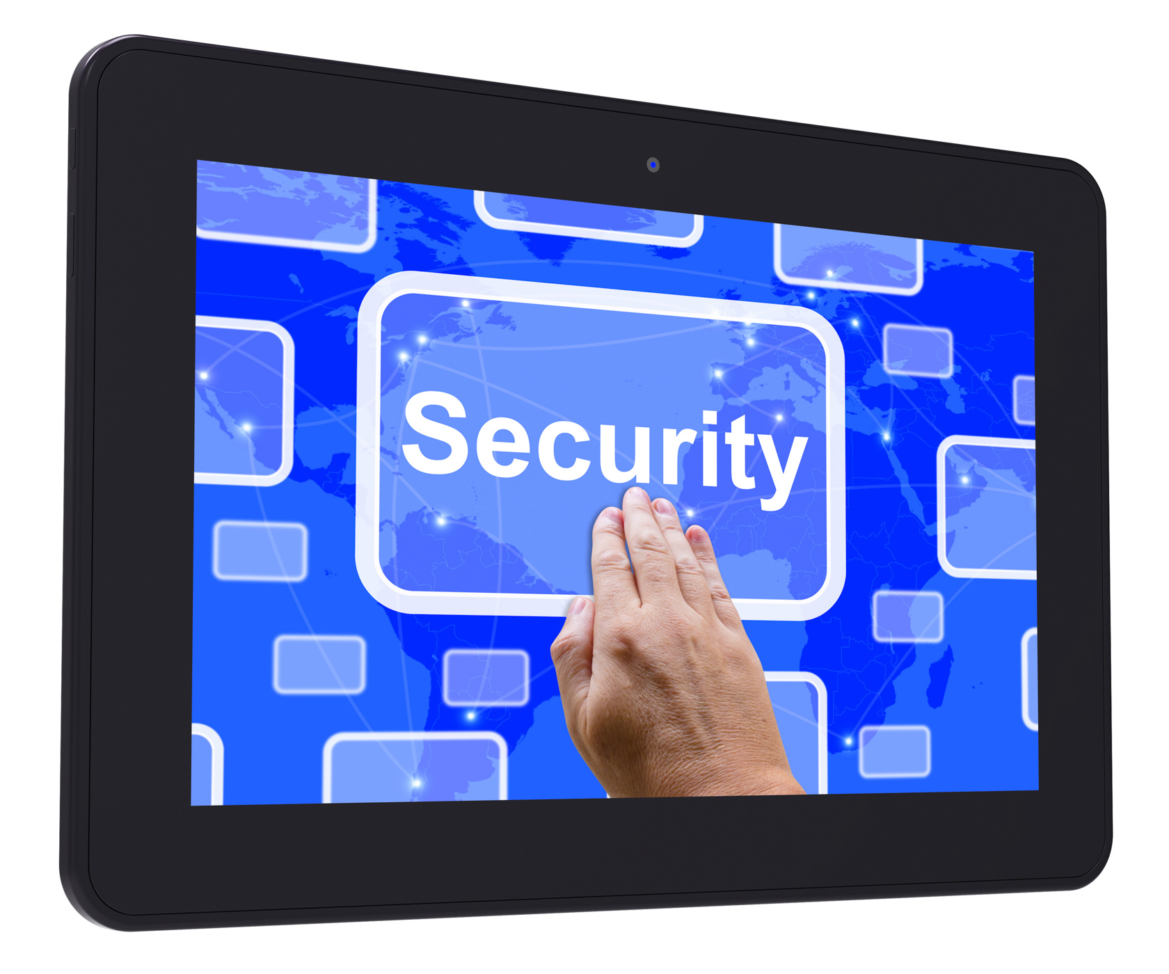 Security tablet touch screen shows privacy encryptions and safety photo