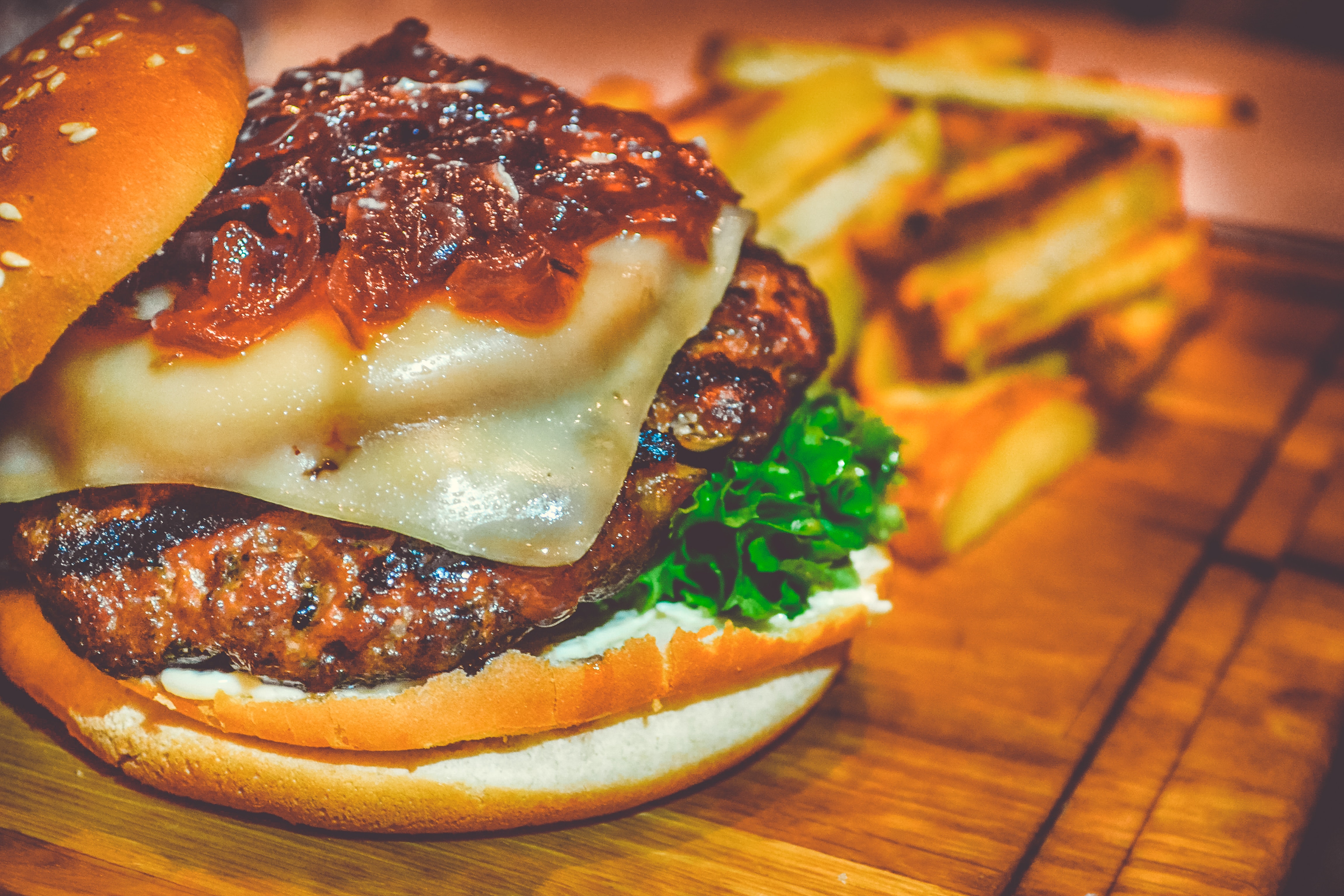 Selective Focus of Ham Burger on Wooden Surface Photo, Beef, Hamburger, Tasty, Snack, HQ Photo
