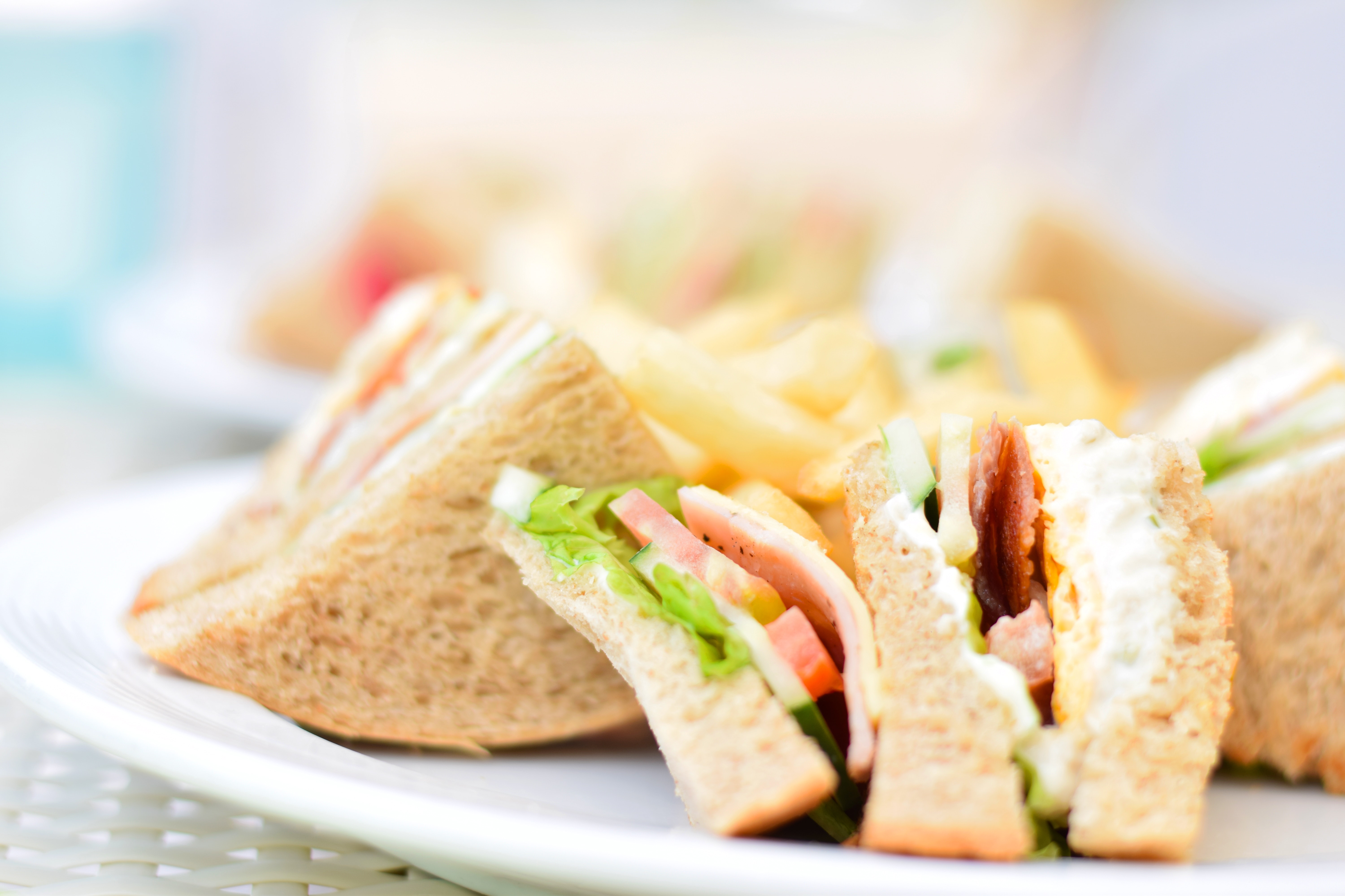 Selective focus photography of plate of sliced clubhouse sandwich