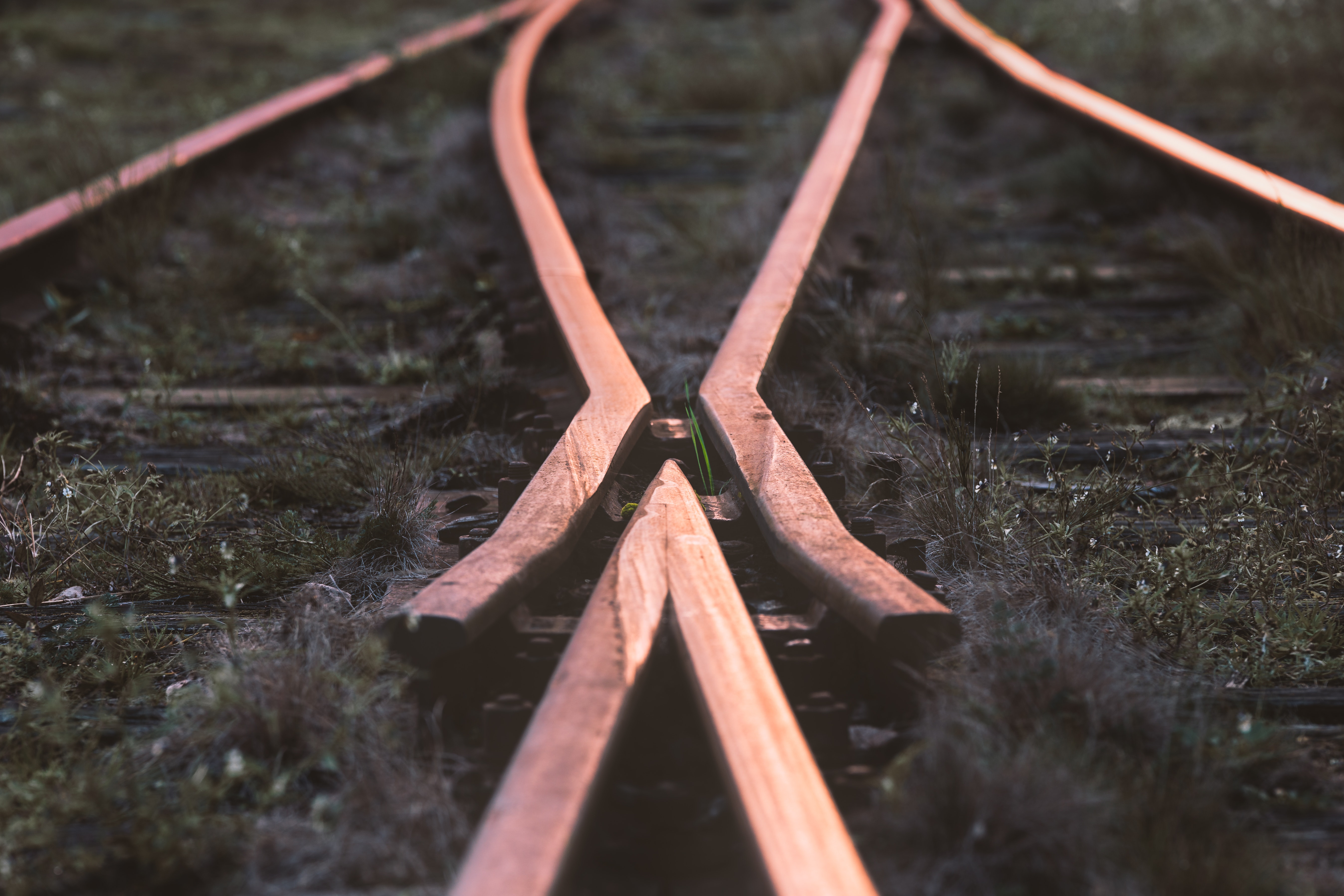 Selective-focus photography of train rail