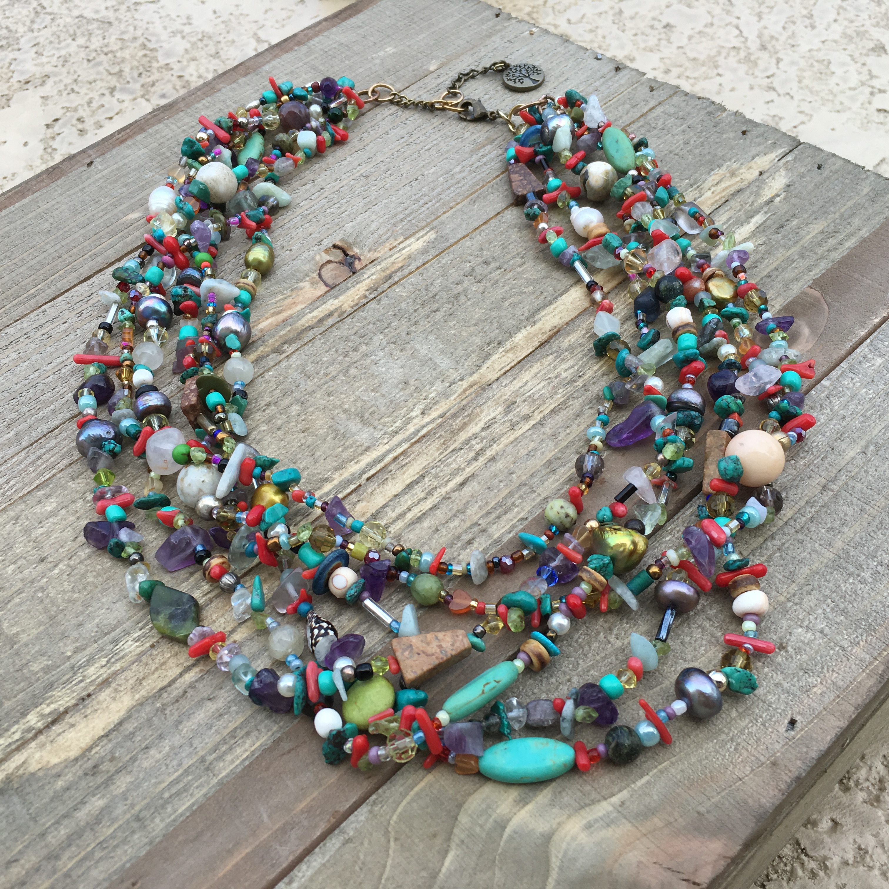 Six Strands of Semi-Precious Gems and Stone Necklace