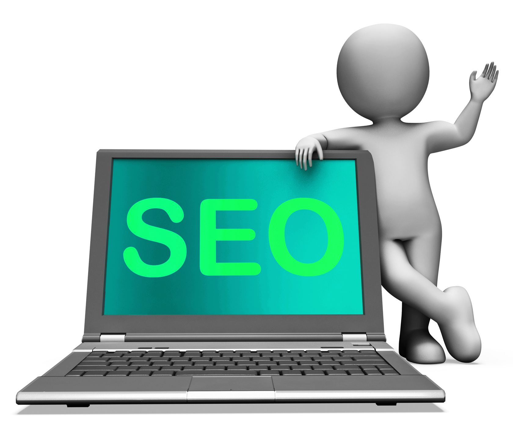Seo laptop and character shows search engine optimization photo