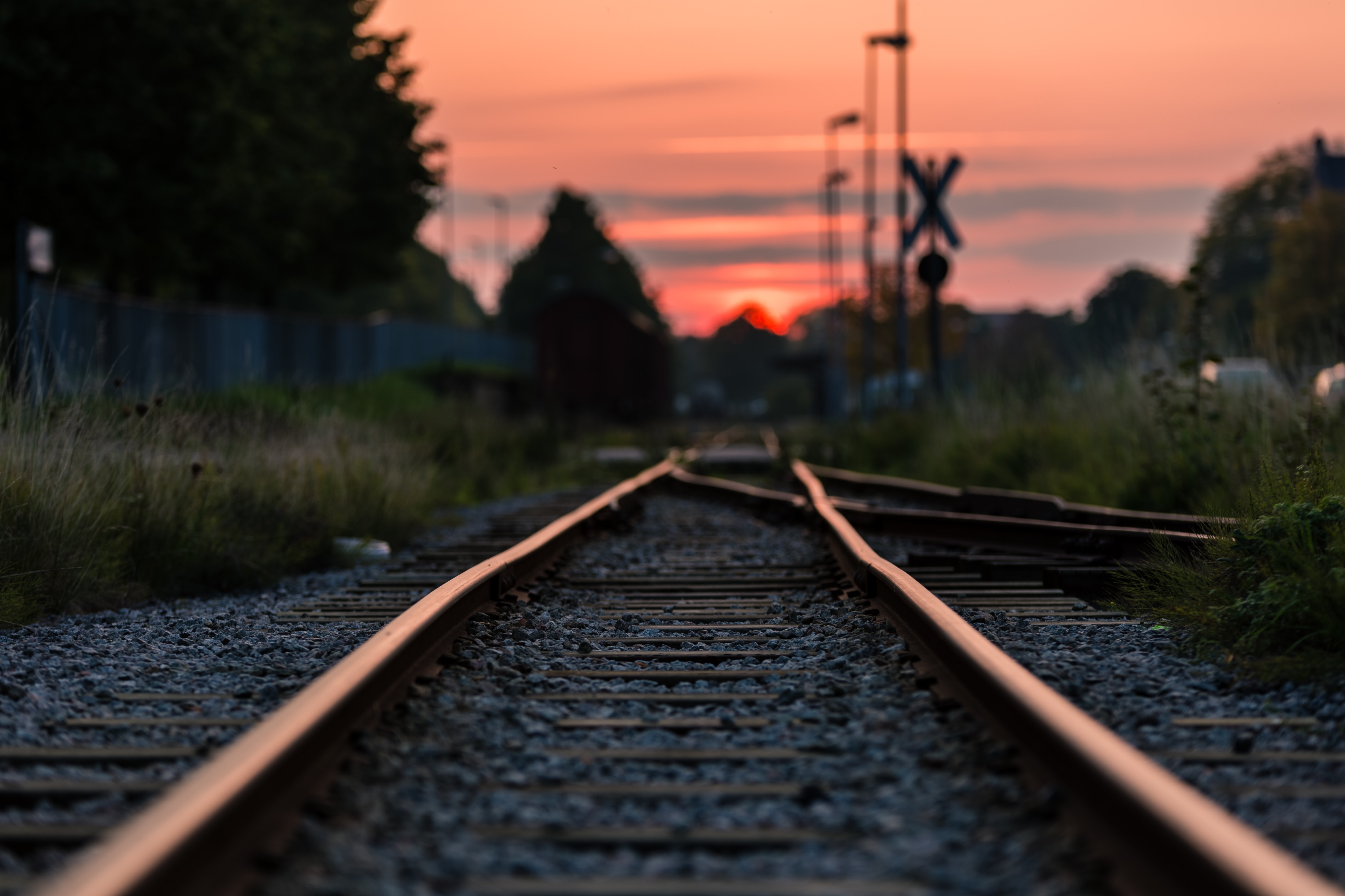 Shallow Focus Photography of Railway during Sunset, Blur, Railway track, Trees, Travel, HQ Photo