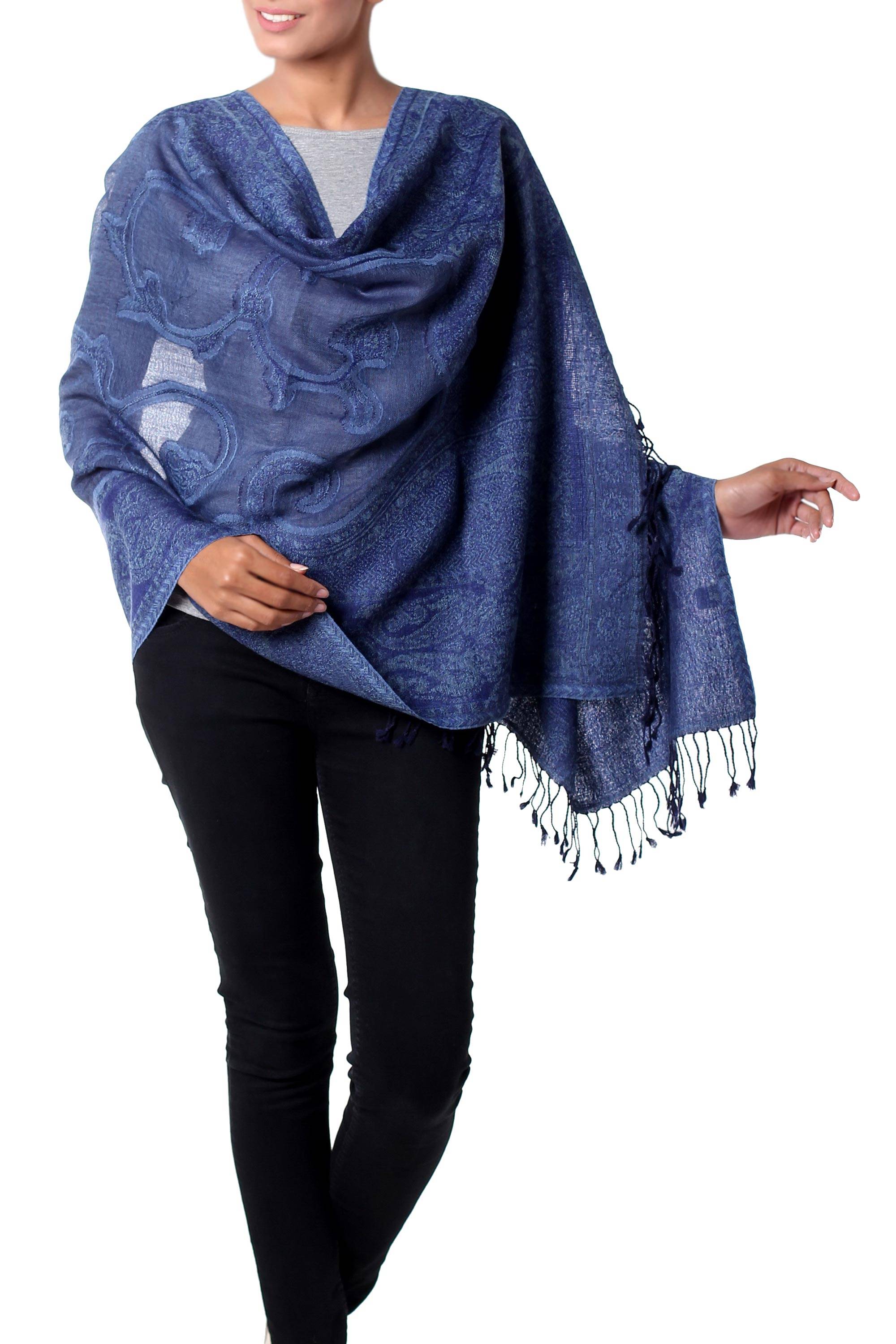 Jamawar Style Blue Paisley Wool Shawl from India - Glorious Blue ...