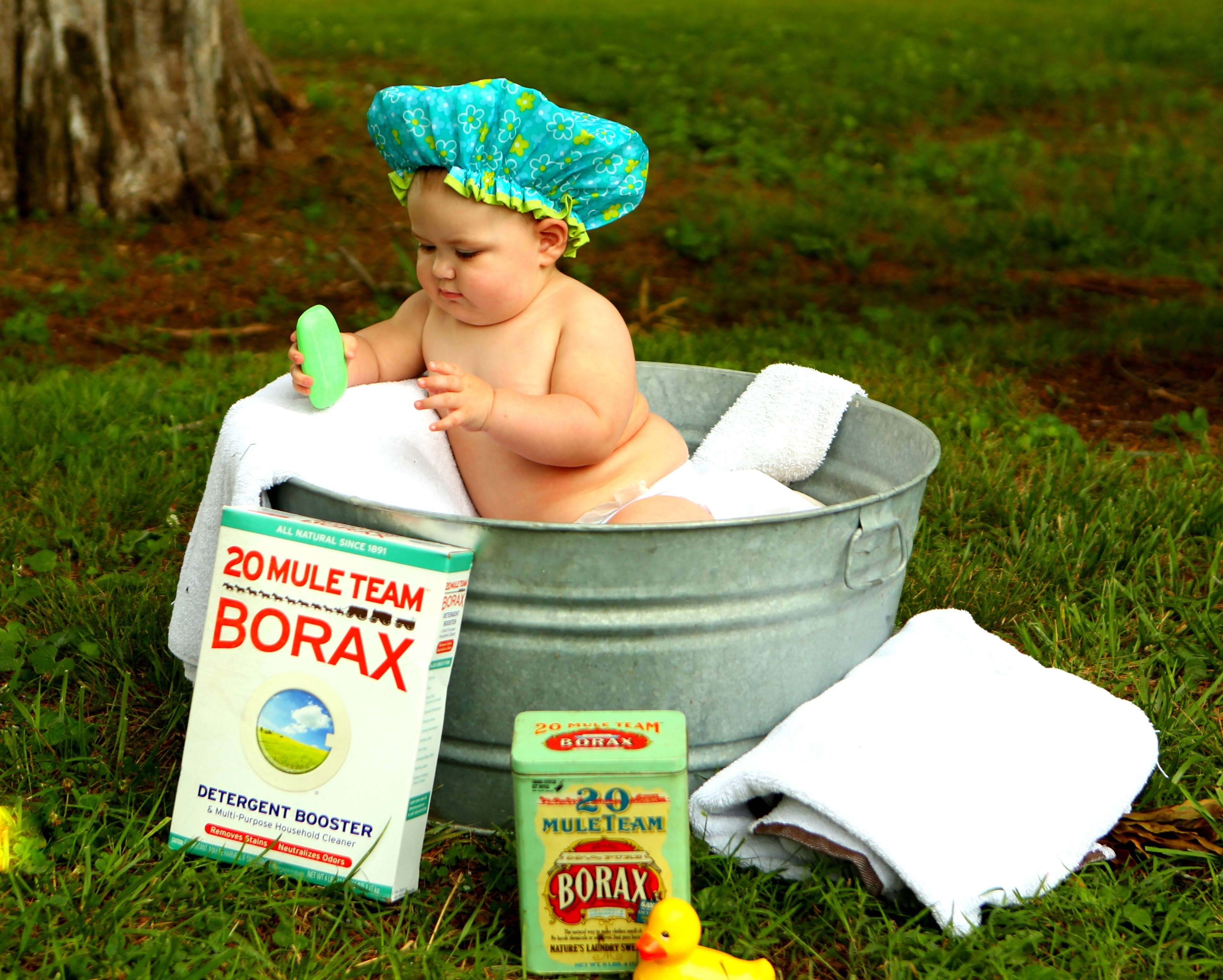 Shirtless Baby Boy in Galvanized Tub, Adorable, Grass, Washing, Toddler, HQ Photo
