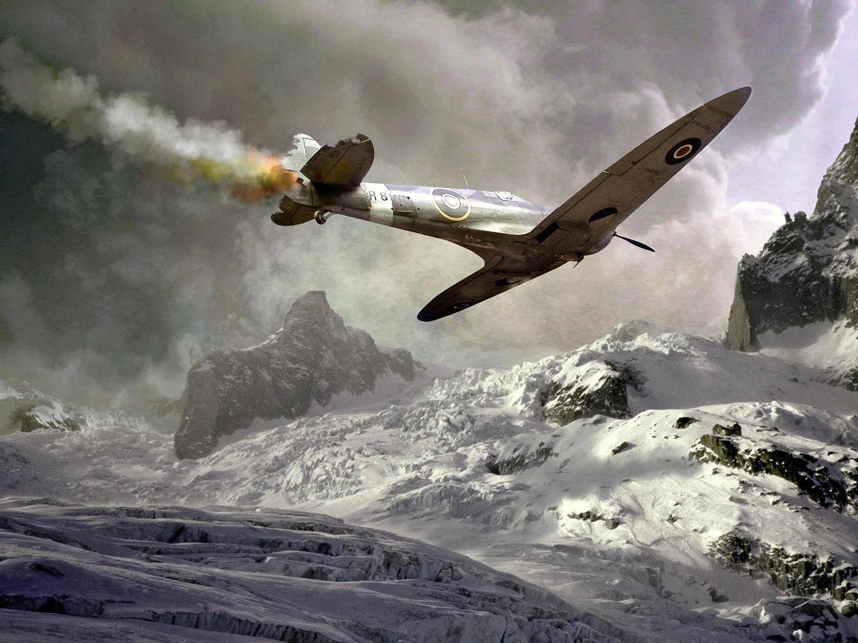 spitfire shot down plane smoke fall accident war mountain snow ...