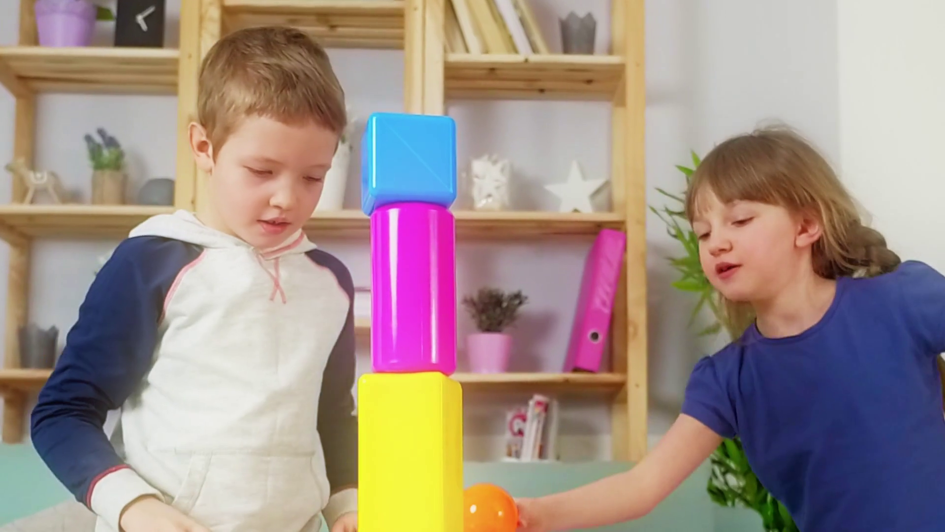 Siblings Playing With Colorful Blocks At Home Happy Family 4 Stock ...
