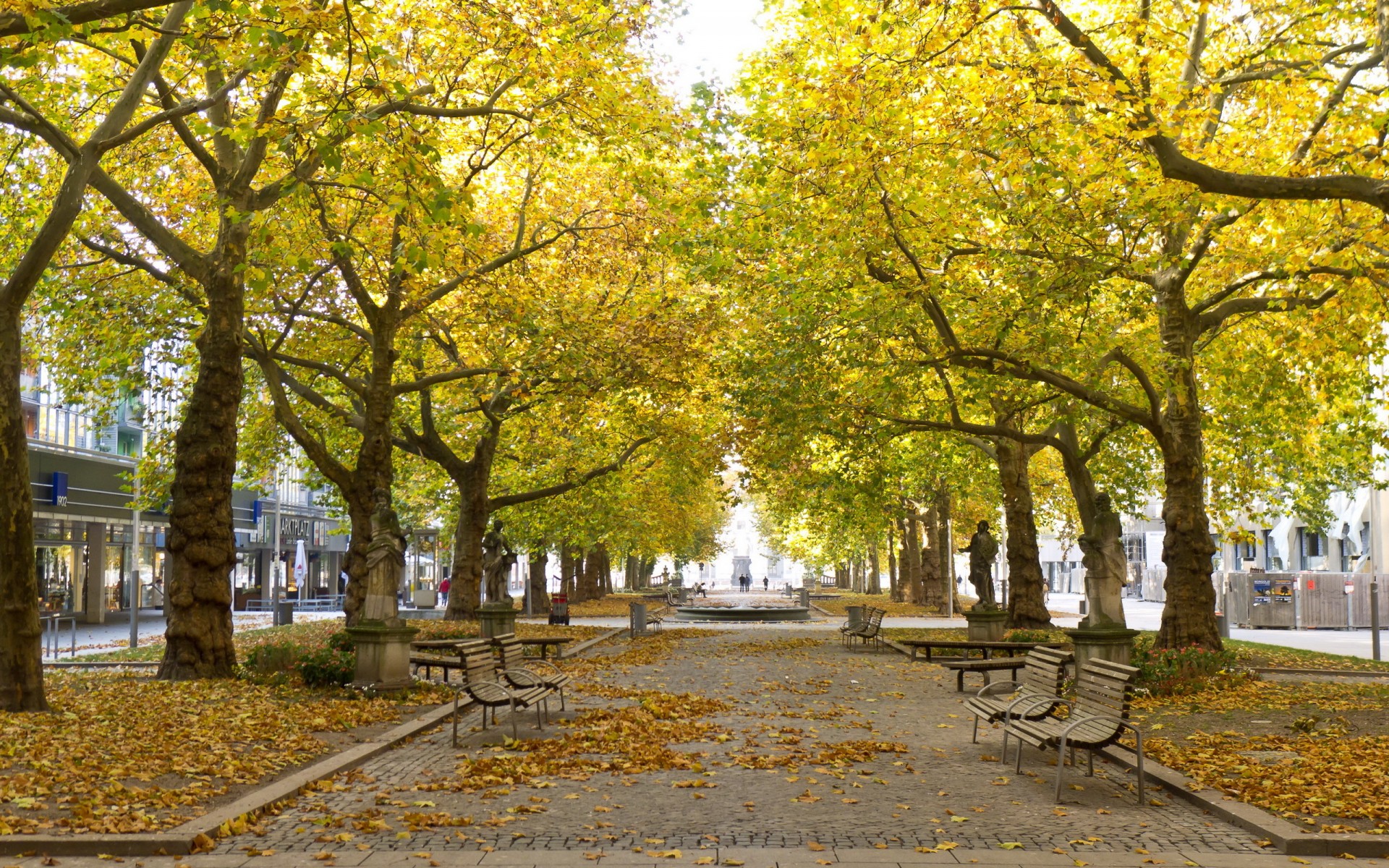 Sidewalk park statue sidewalk bench trees leaves autumn fall cities ...