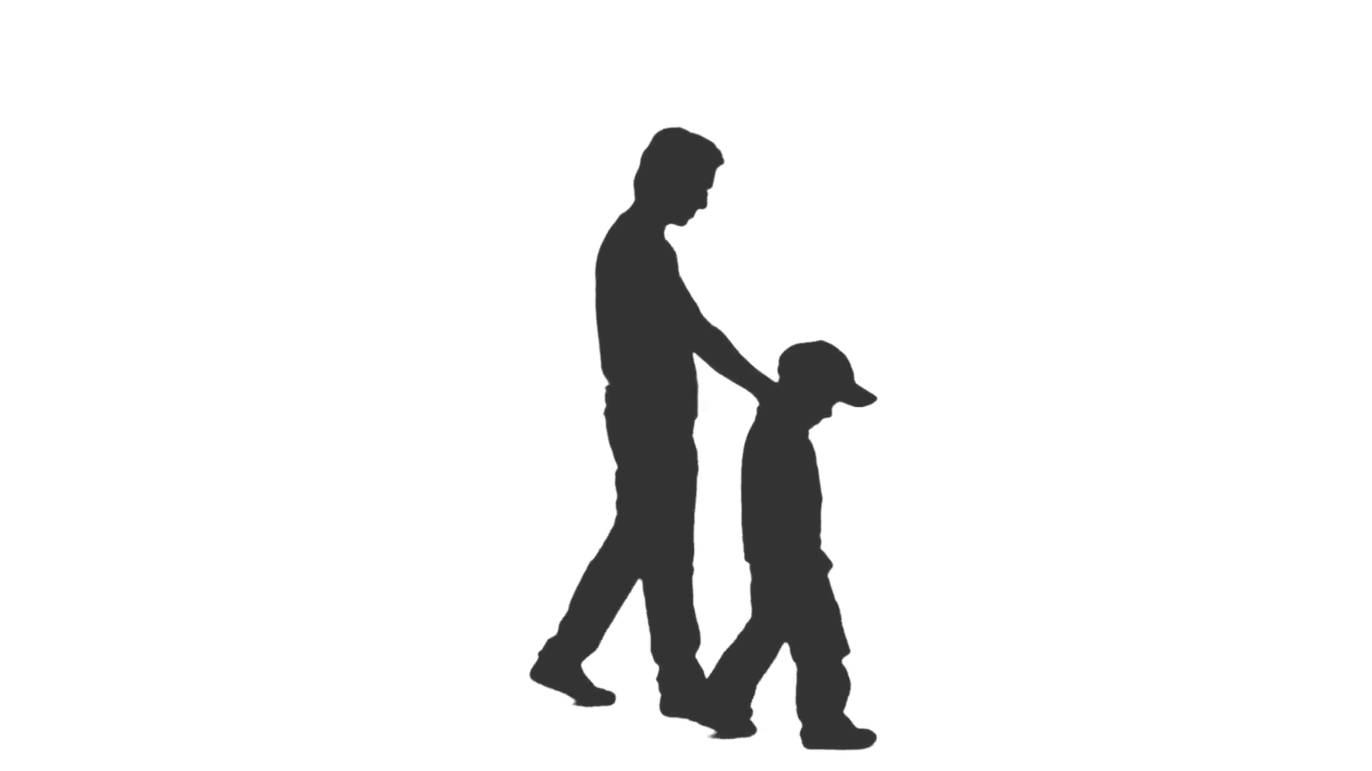 Silhouette of a man walking with a little boy. Side view. Full HD ...