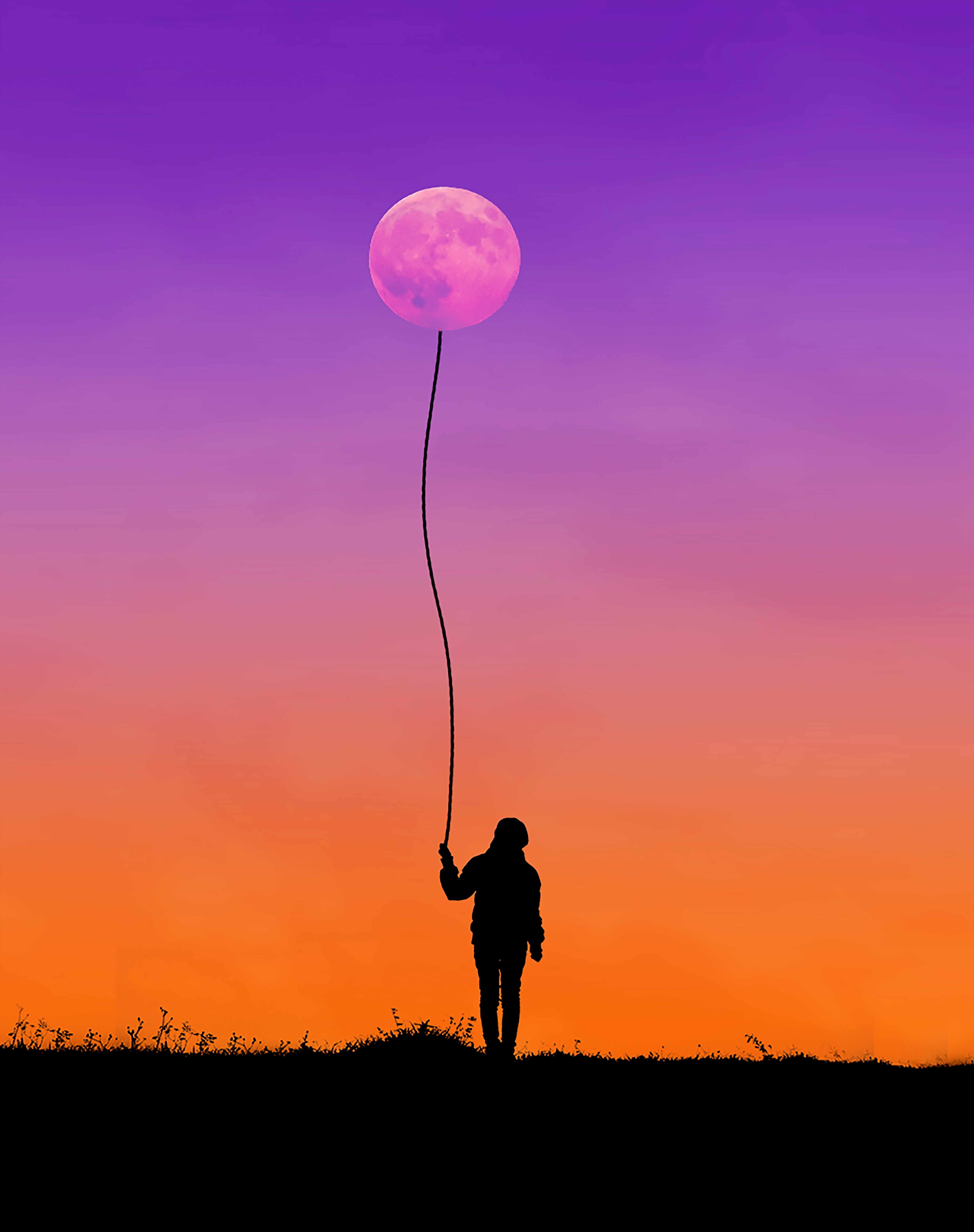 Silhouette of Man Holding String Connected to Moon, Night, Sunset, Sunrise, Solo, HQ Photo