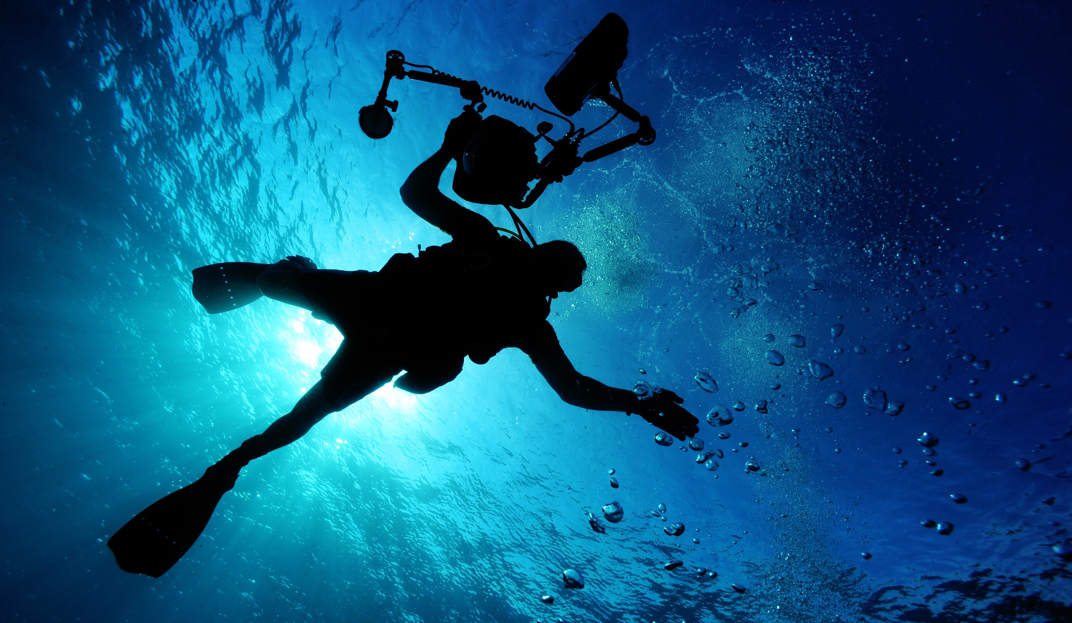 Silhouette of Person Holding Camera in Body of Water, Camera, Diver, Exploring, Ocean, HQ Photo