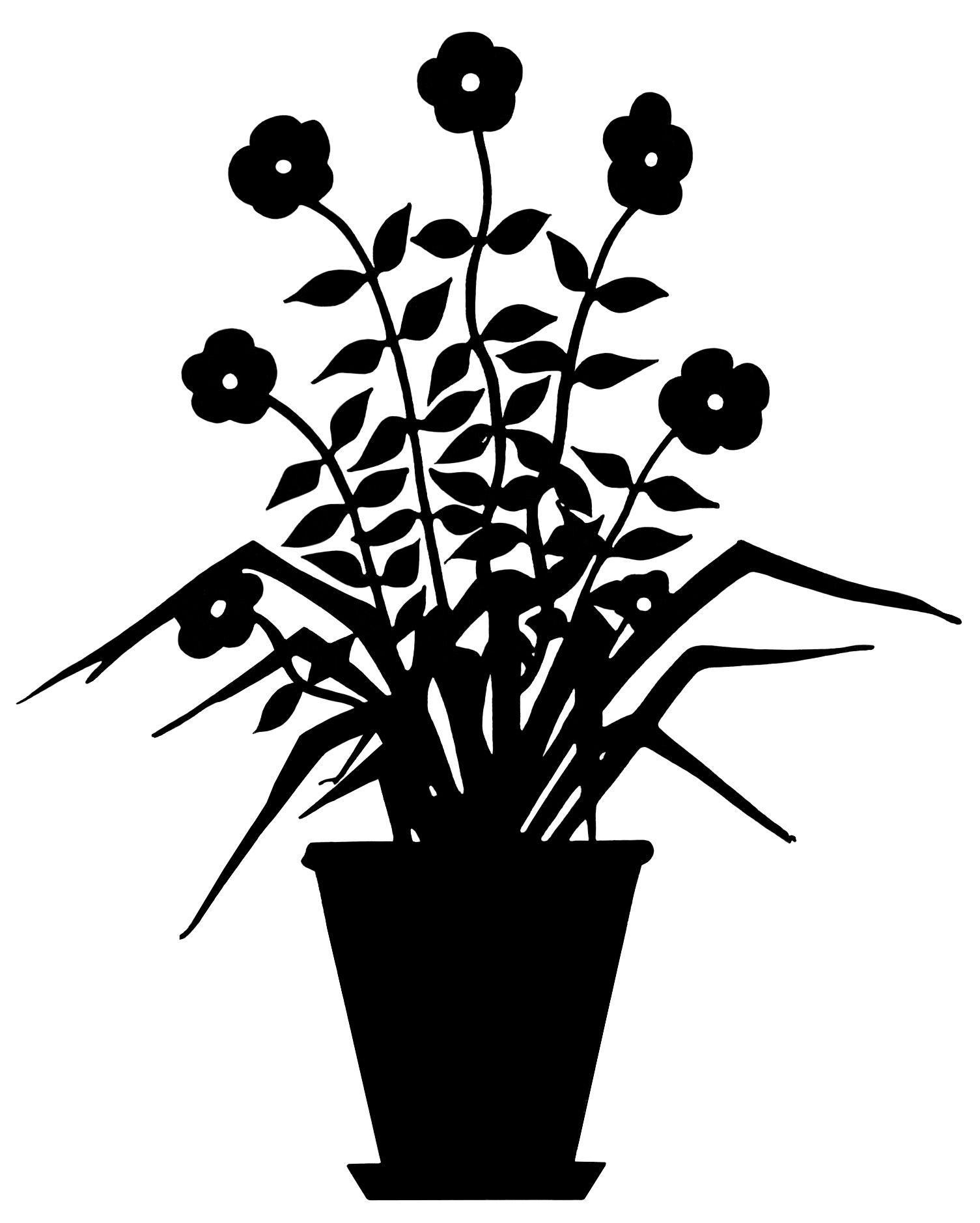 vintage flower clip art, flowering plant silhouette, black and white ...