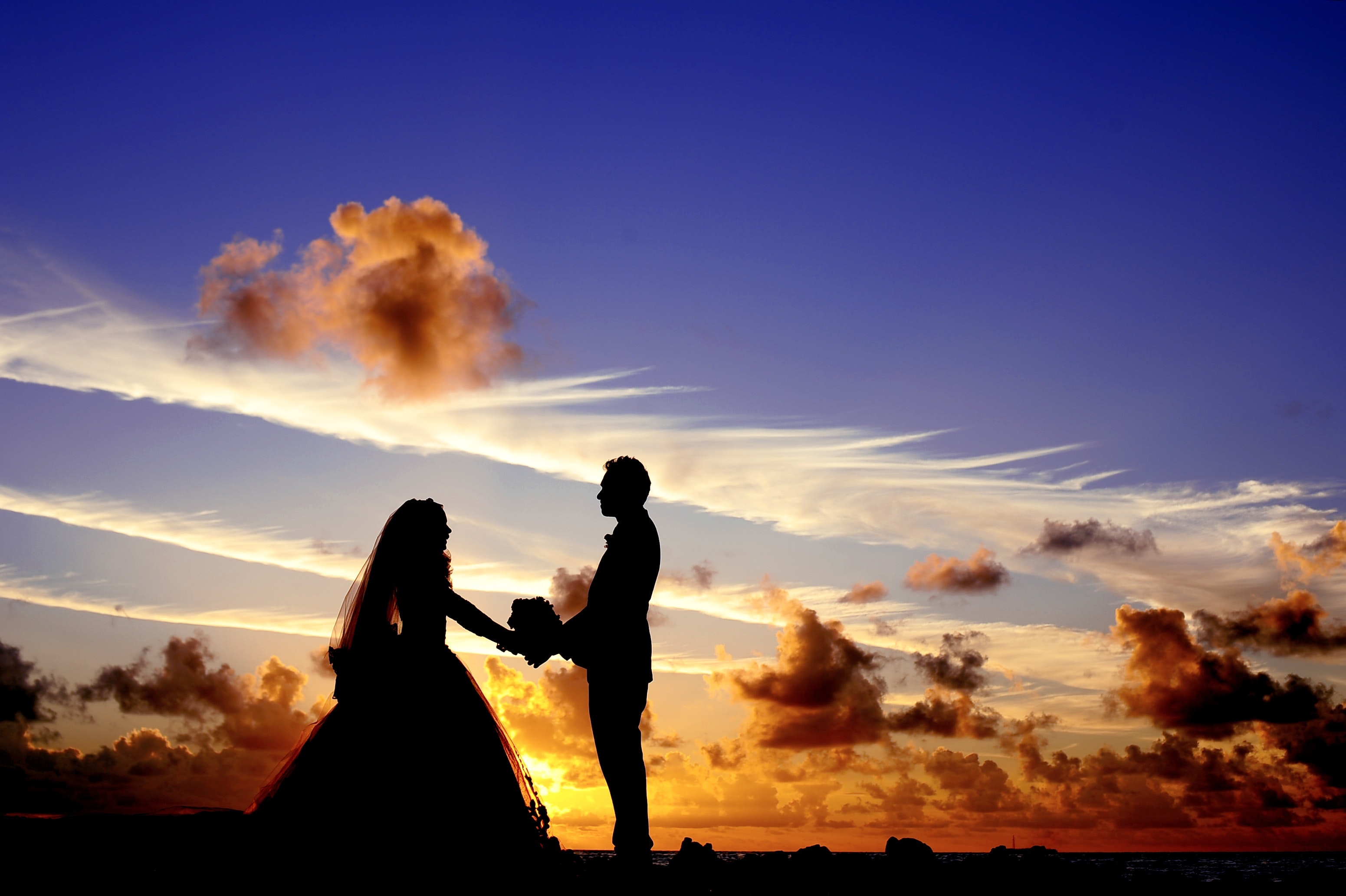 Silhouette of wedding couple holding hands under cloudy blue sky photo