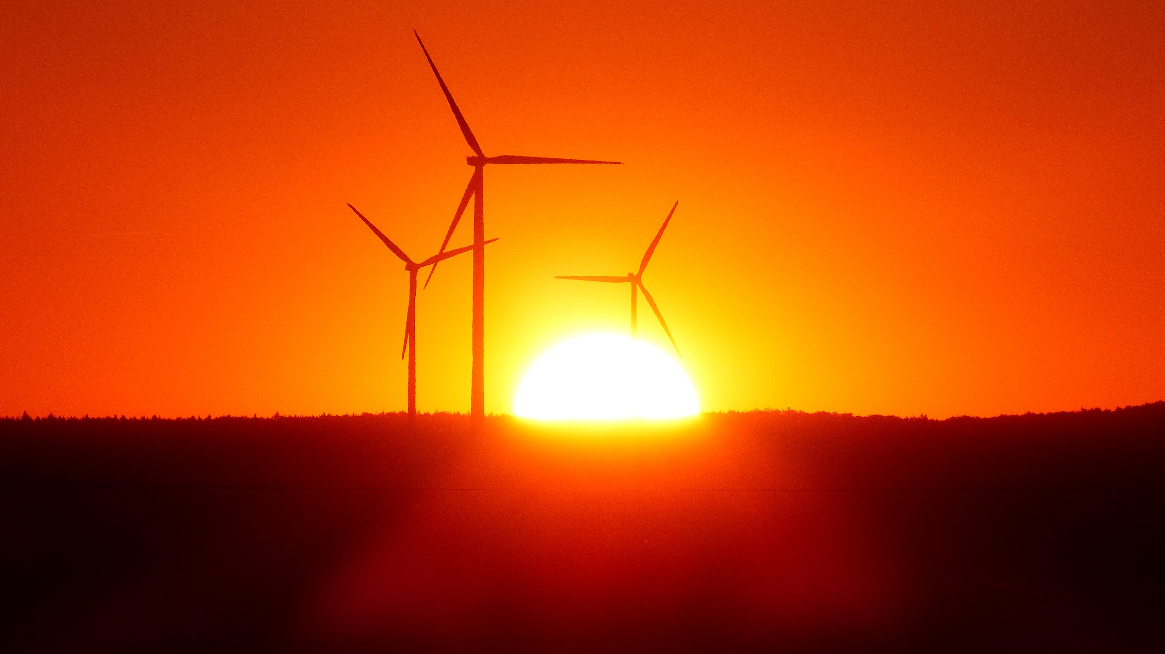 Silhouette of wind turbines at sunset photo