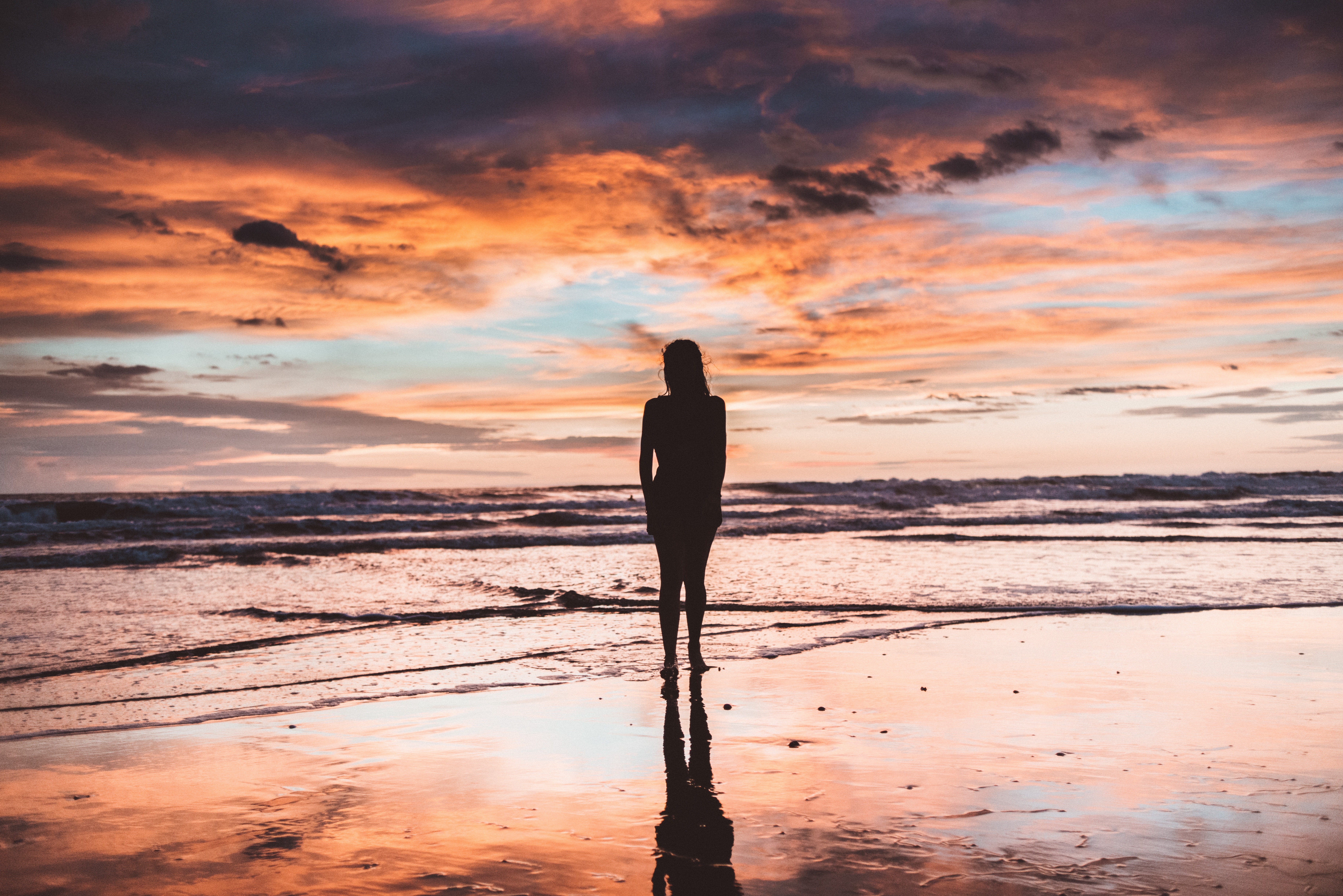 Silhouette of Woman Near Sea Shore, Beach, Sea, Waves, Water, HQ Photo