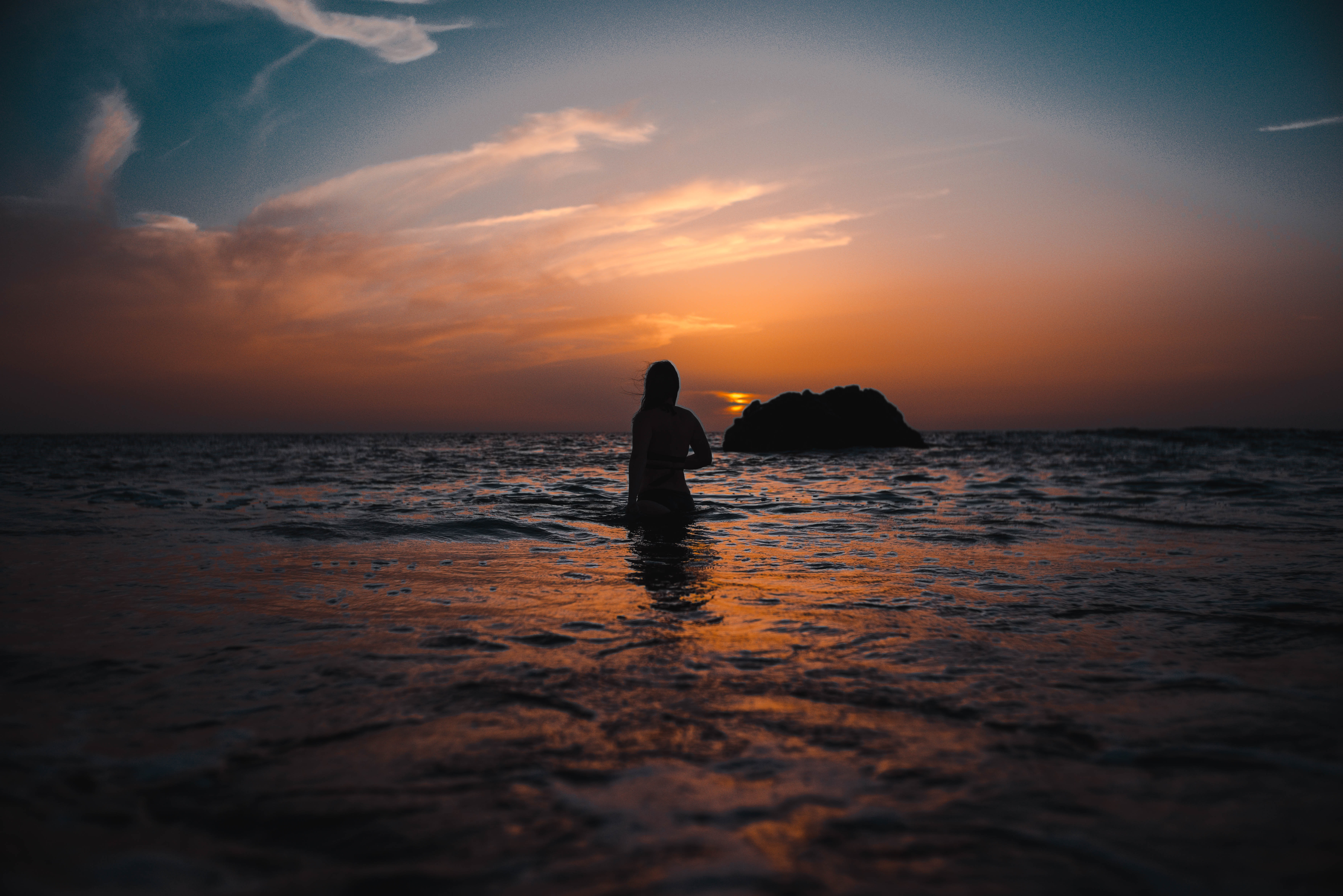 Silhouette of Woman On Ocean During Sunset, Seascape, Water, Sunset, Sunrise, HQ Photo