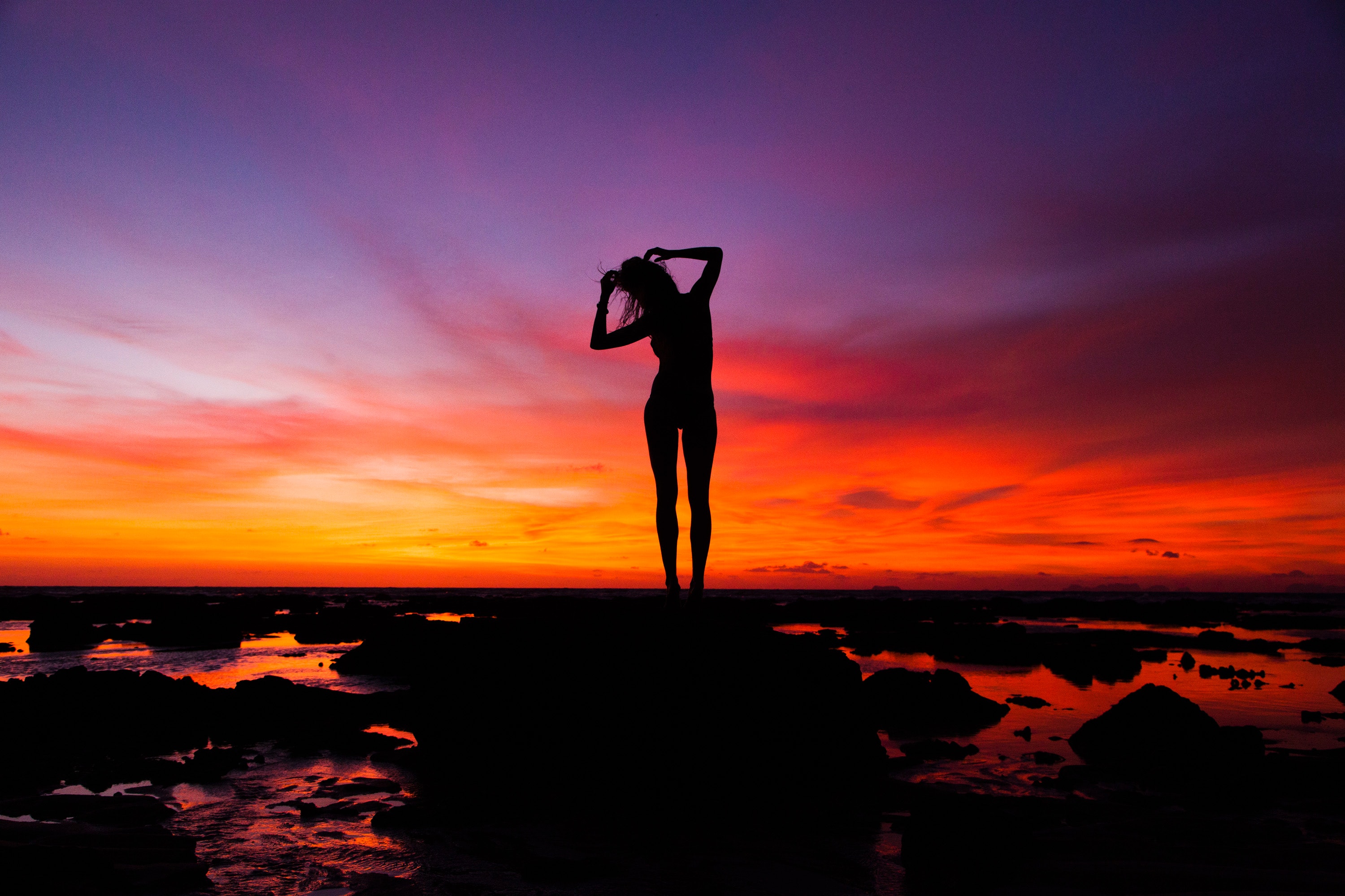 Silhouette of Woman Standing on Rock, Backlit, Person, Water, Vibrant, HQ Photo