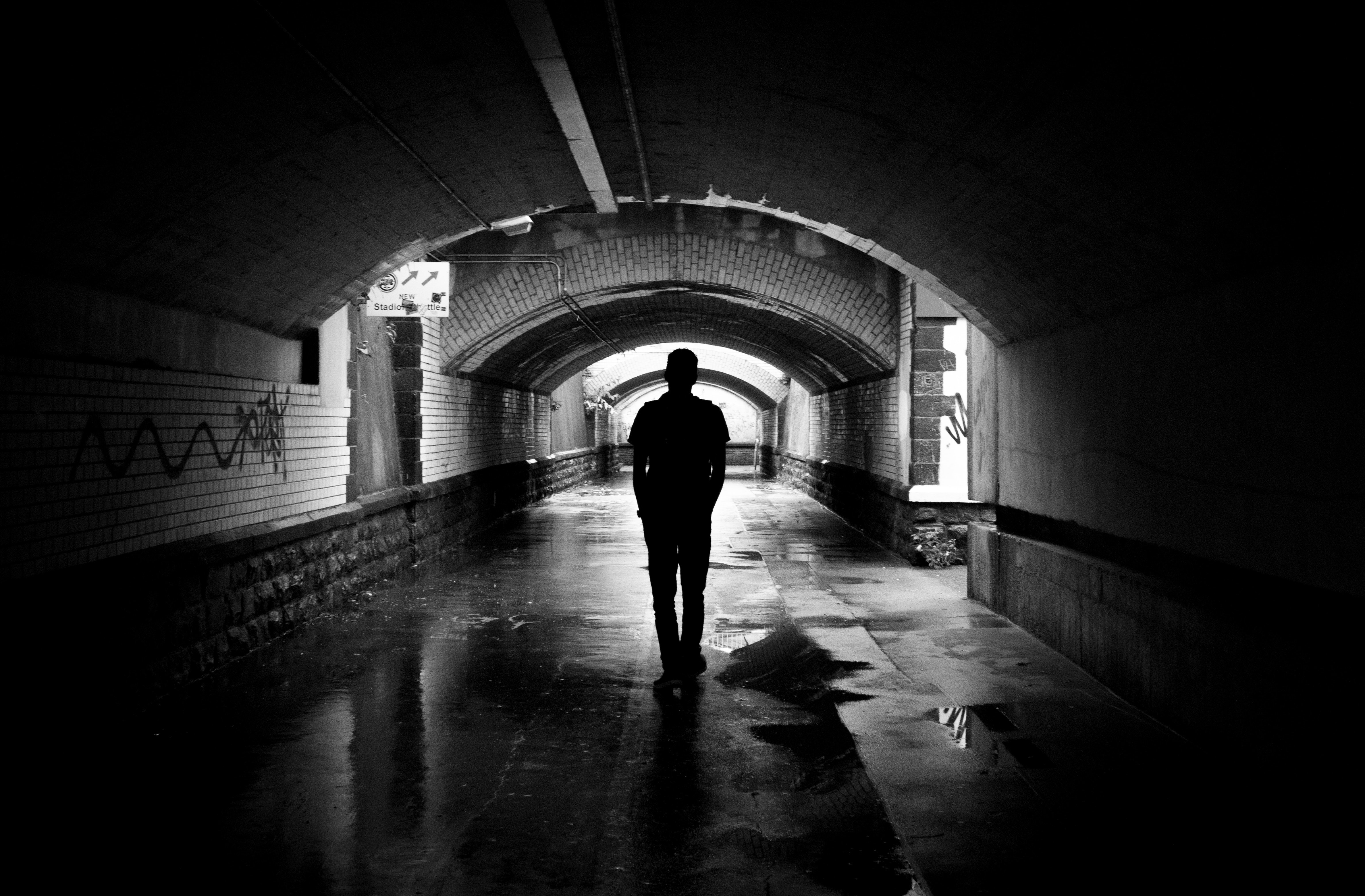 Silhouette Photo of a Man in a Tunnel, Silhouette, Way, Water, Walking, HQ Photo