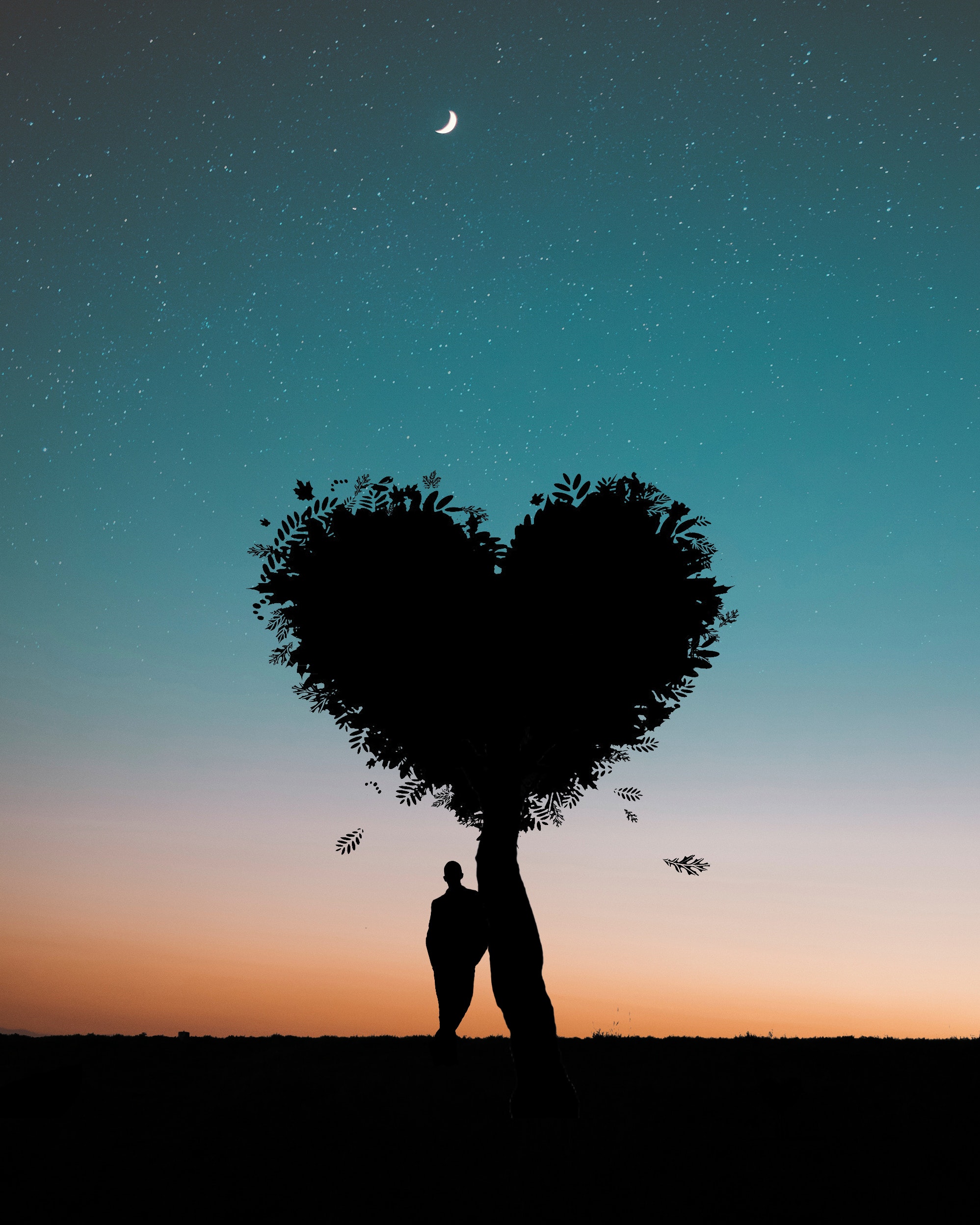 Silhouette photo of man leaning on heart leaf shape tree during dawn