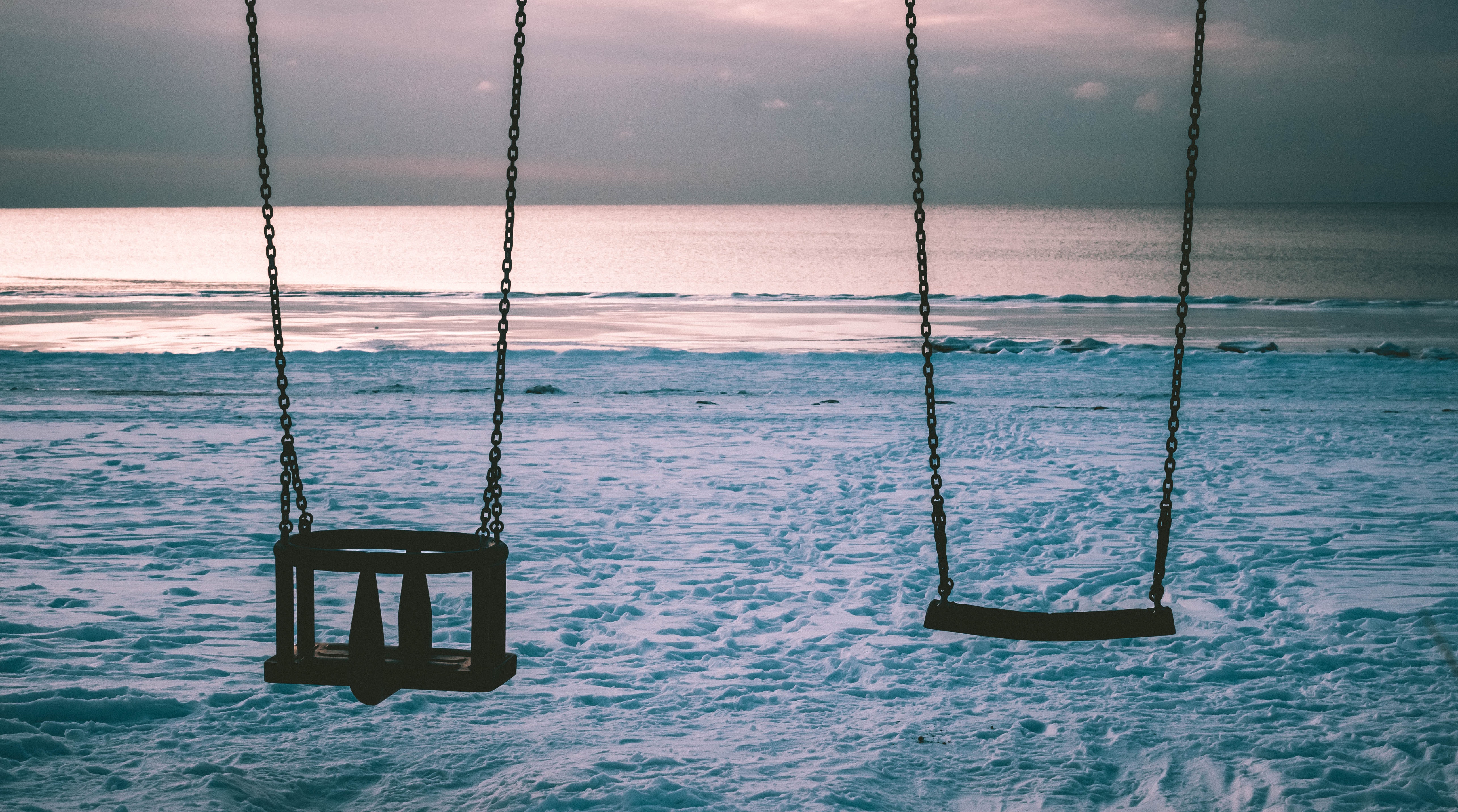 Silhouette Photo of Two Swings, Beach, Snow, Winter, Waves, HQ Photo