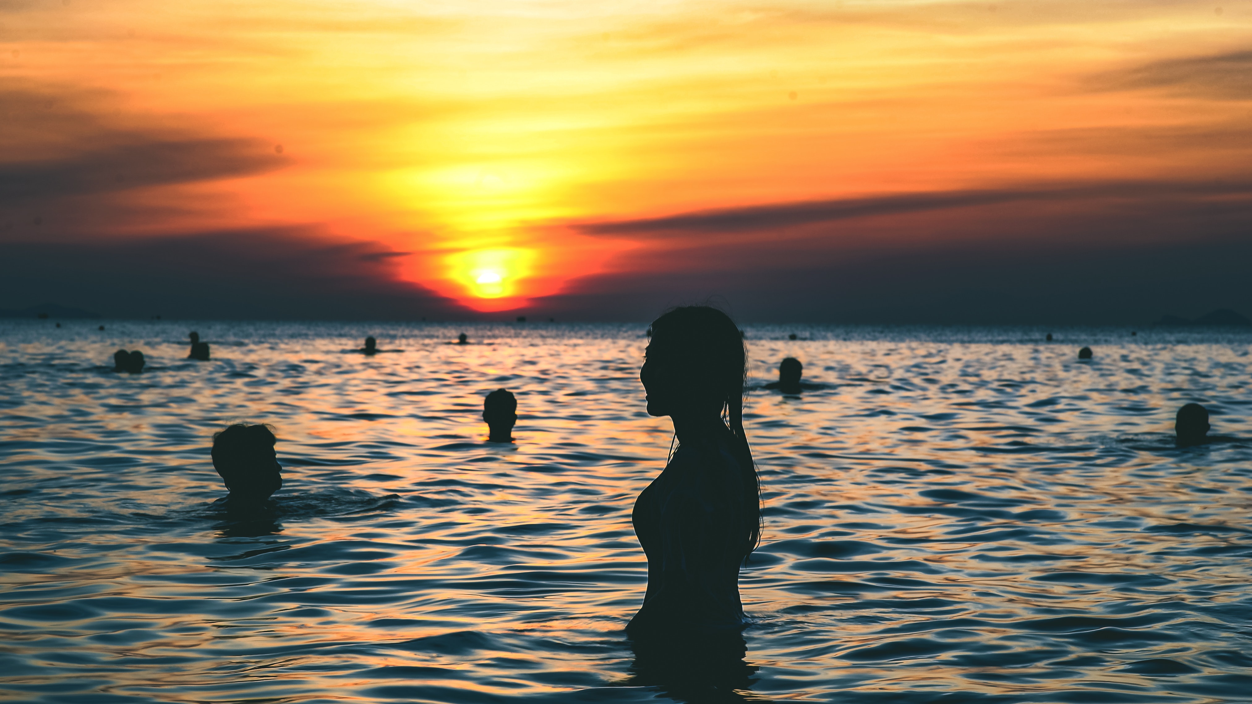 Silhouette Photography of People Swimming on the Beach during Golden Hour, Backlit, Scenic, Water, Vacation, HQ Photo