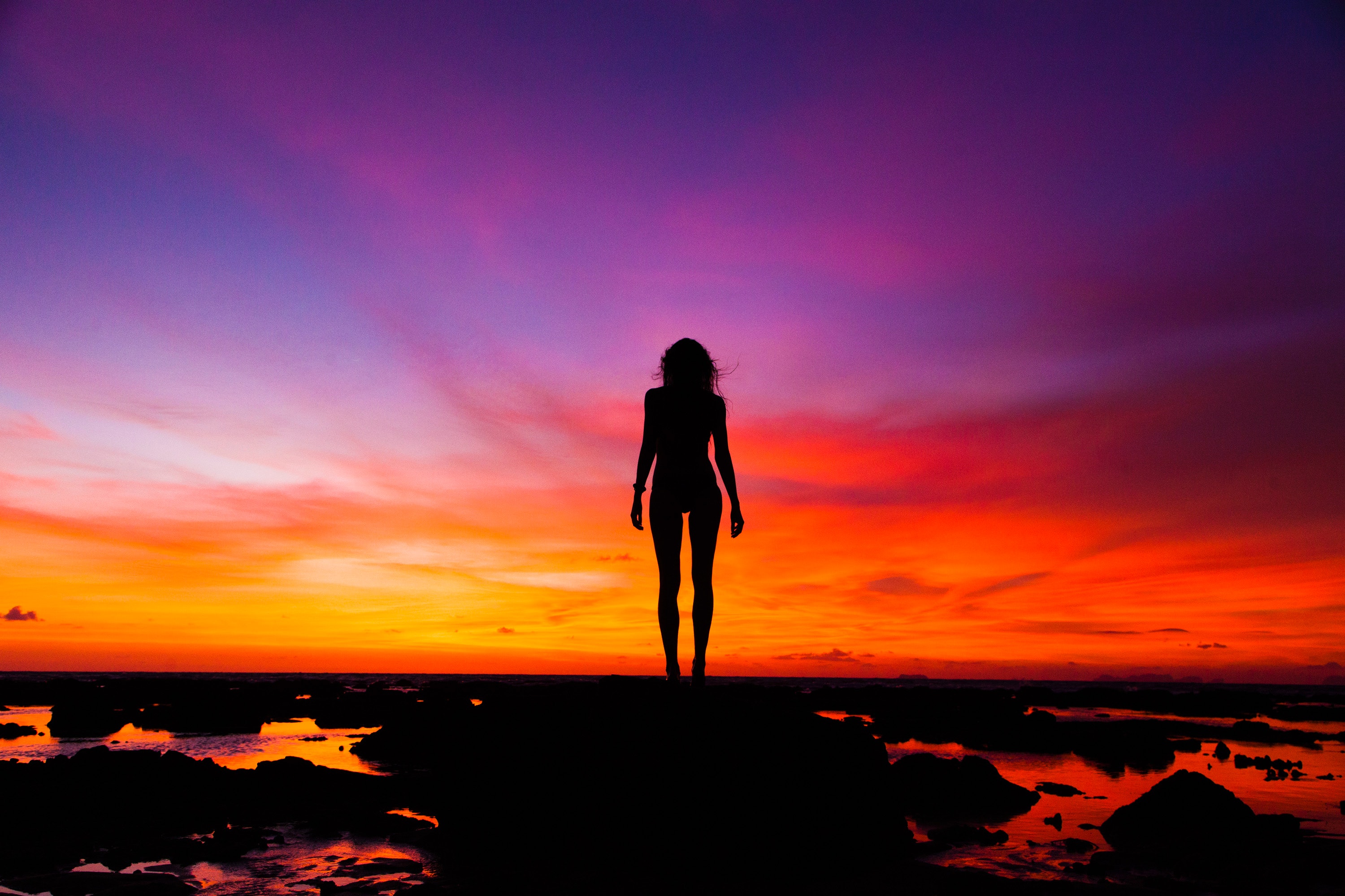 Silhouette Photography of Woman, Afterglow, Silhouette, Rocks, Scenery, HQ Photo