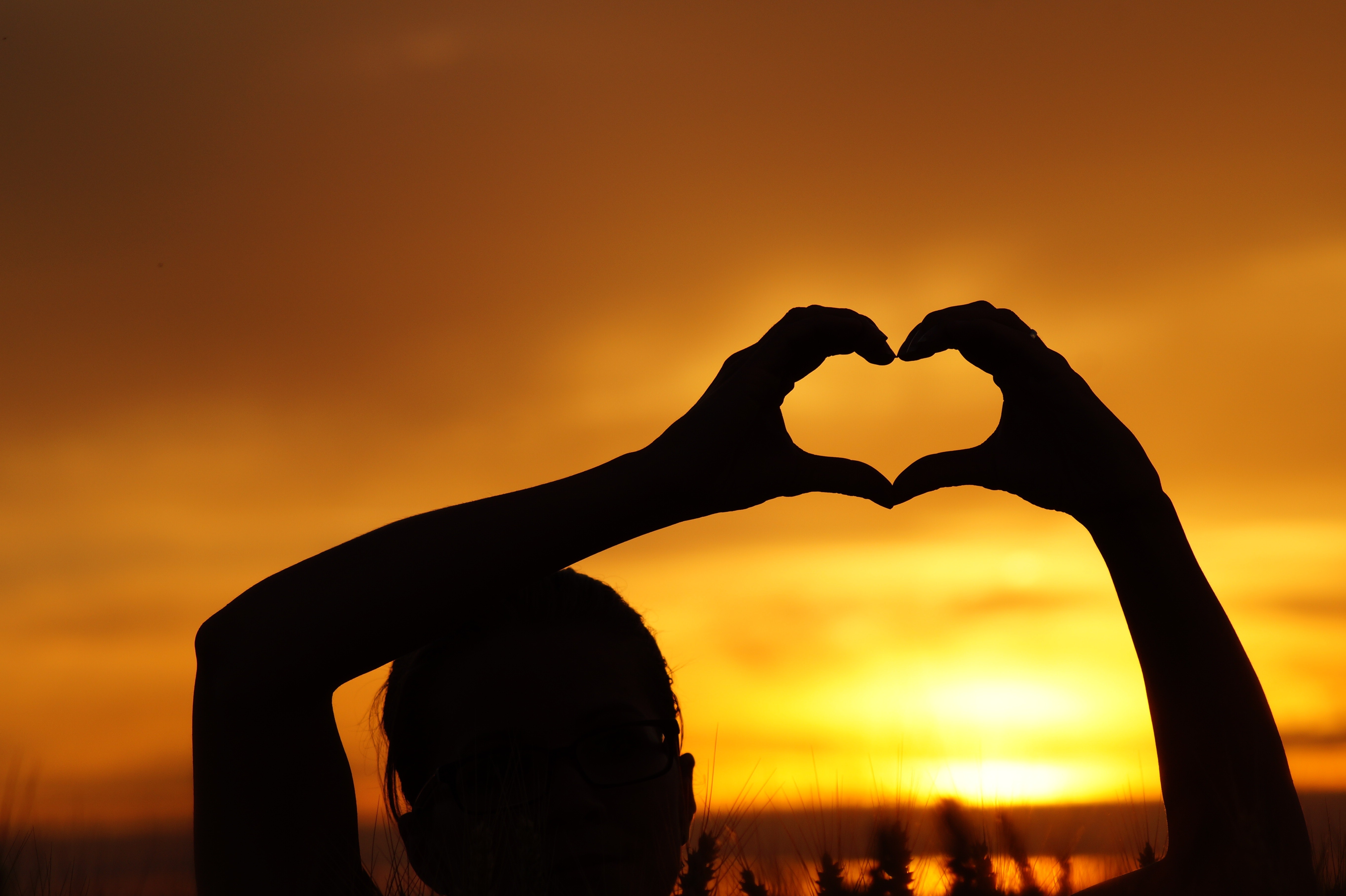 Silhouette Woman Hand Holding Heart Shape Against Orange Sky, Backlit, Dawn, Dusk, Hands, HQ Photo