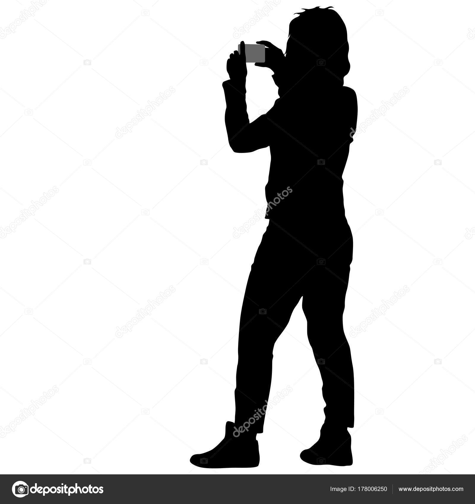 Silhouettes woman taking selfie with smartphone on white background ...