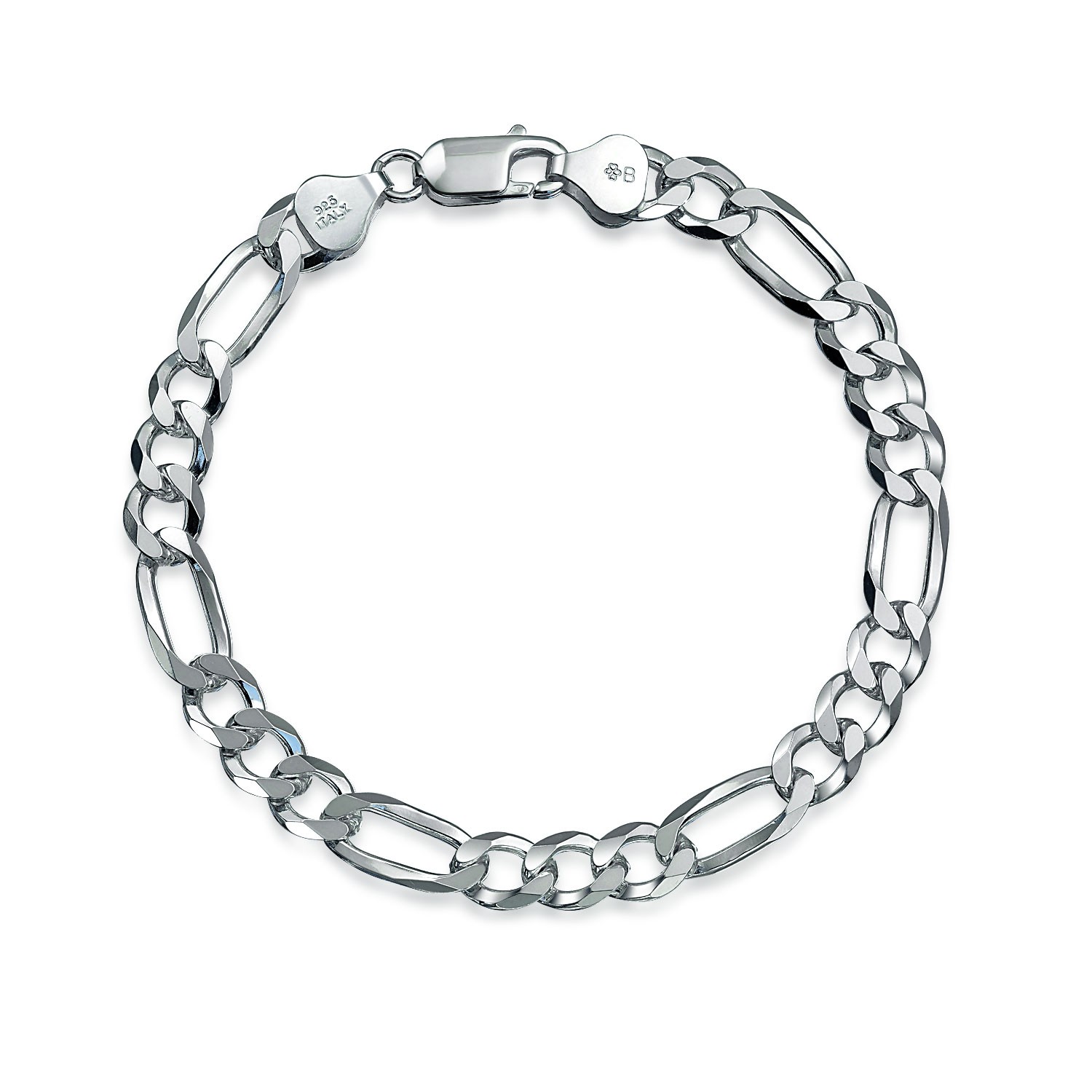Mens Heavy Figaro Chain Link Bracelet 180 Gauge 925 Silver Italy